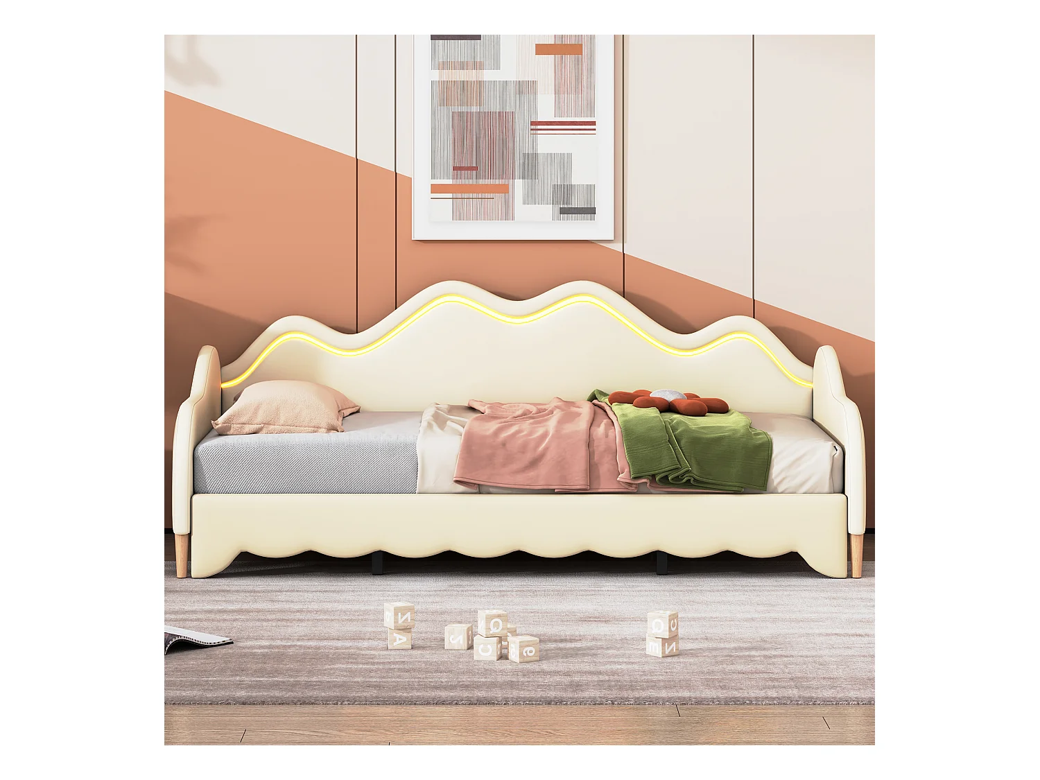 Cama dobrável 90/180 x 190 cm para crianças - Sofá cama - Couro PU - LEDs - Bege