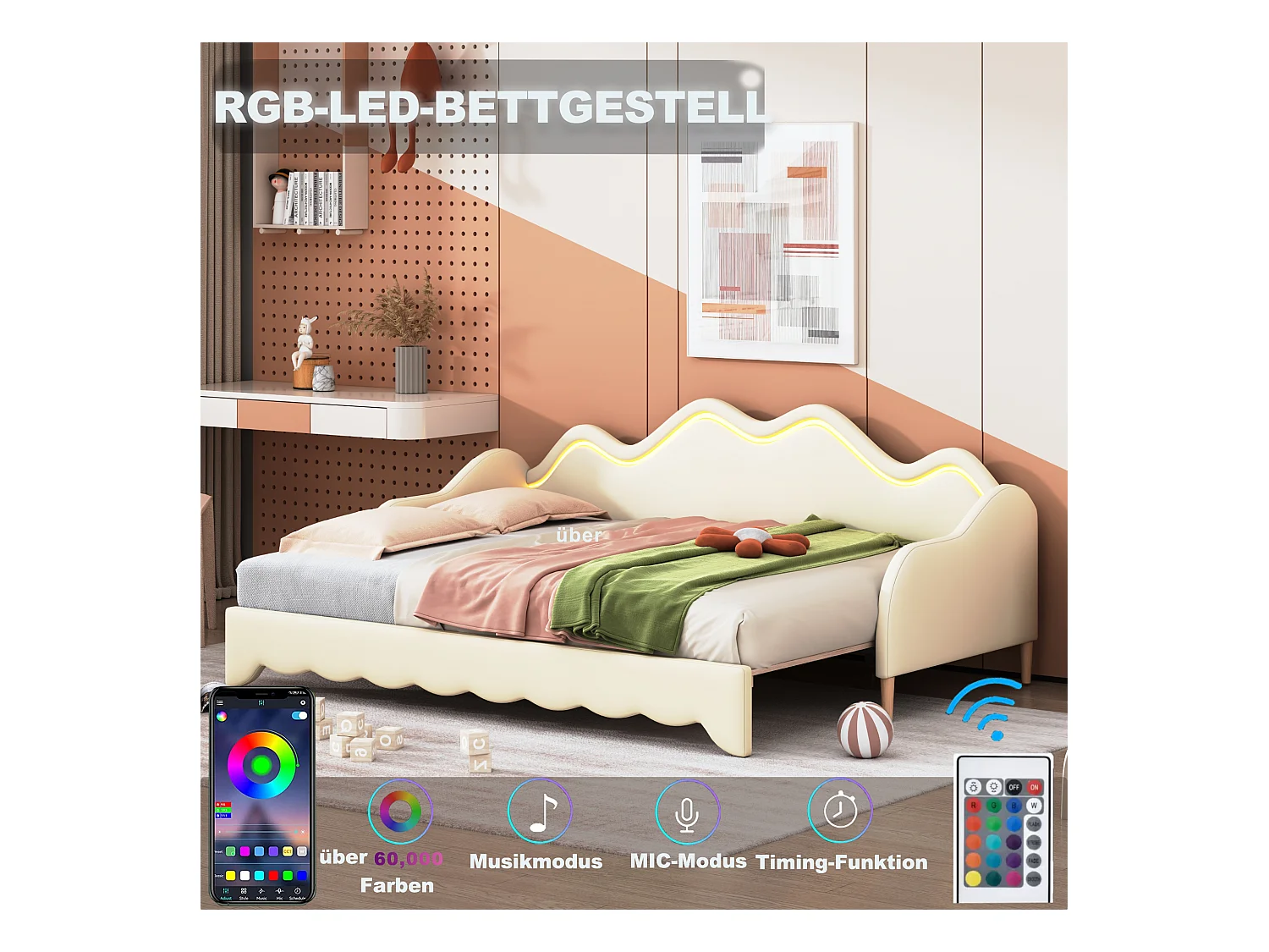 Cama dobrável 90/180 x 190 cm para crianças - Sofá cama - Couro PU - LEDs - Bege