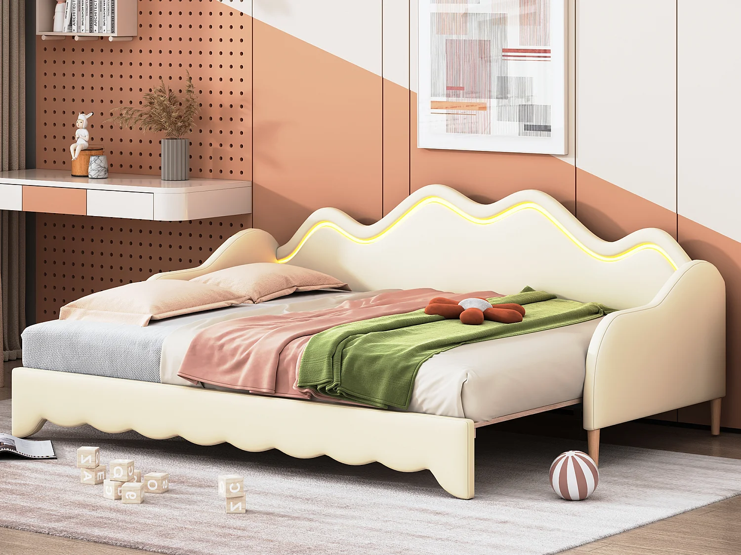 Cama dobrável 90/180 x 190 cm para crianças - Sofá cama - Couro PU - LEDs - Bege