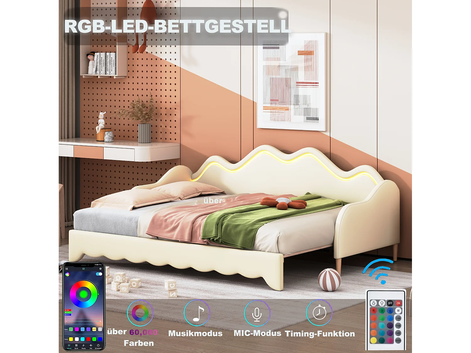 Cama dobrável 90/180 x 190 cm para crianças - Sofá cama - Couro PU - LEDs - Bege