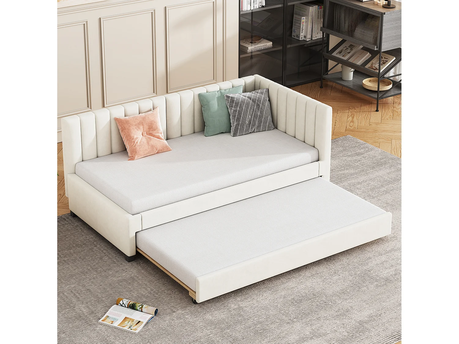 Uitschuifbaar bed 90 x 190/200 cm - fluwelen slaapbank - lattenbodem - beige