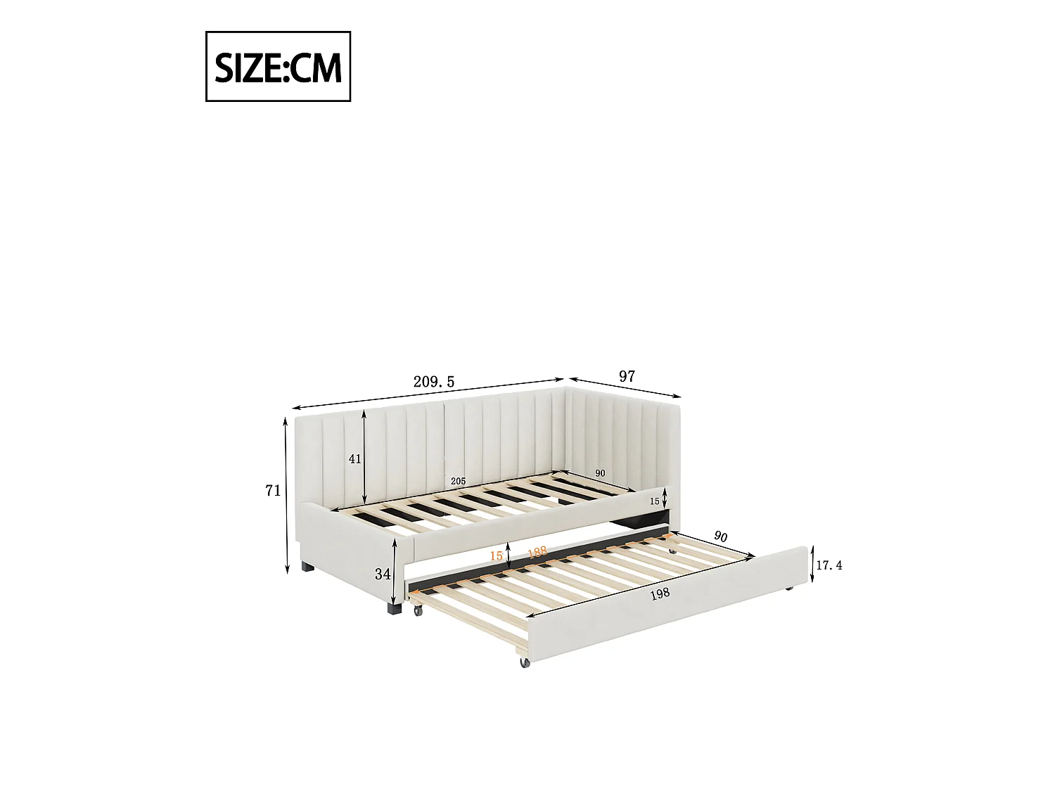 Uitschuifbaar bed 90 x 190/200 cm - fluwelen slaapbank - lattenbodem - beige