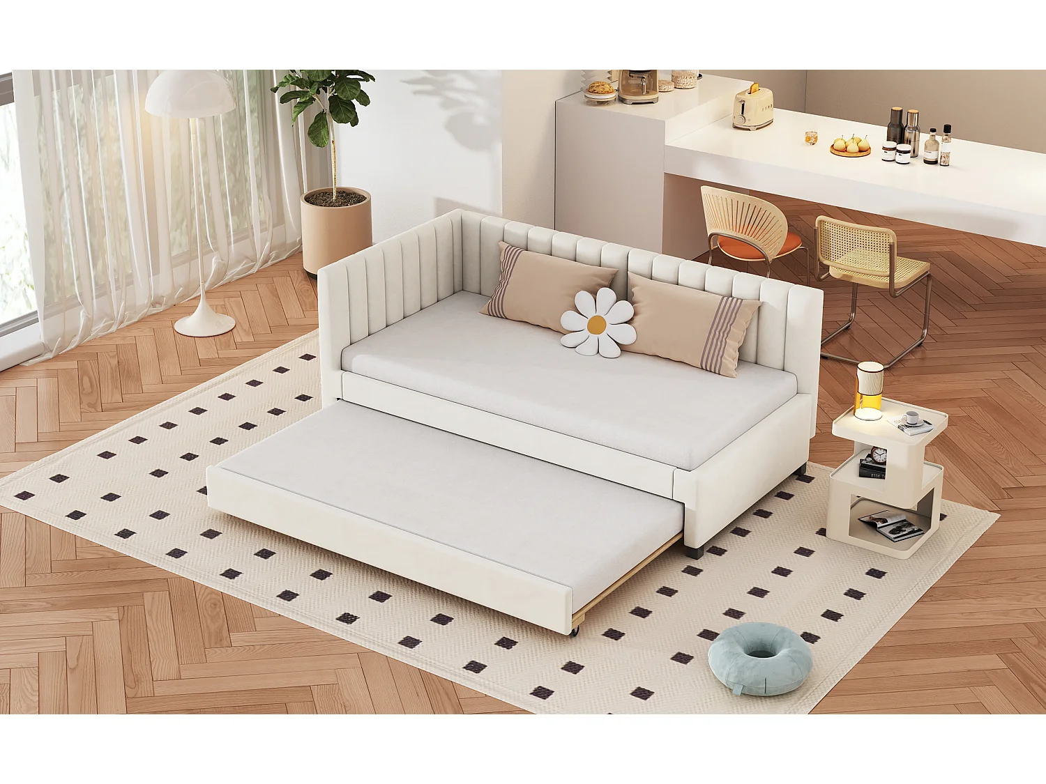 Uitschuifbaar bed 90 x 190/200 cm - fluwelen slaapbank - lattenbodem - beige