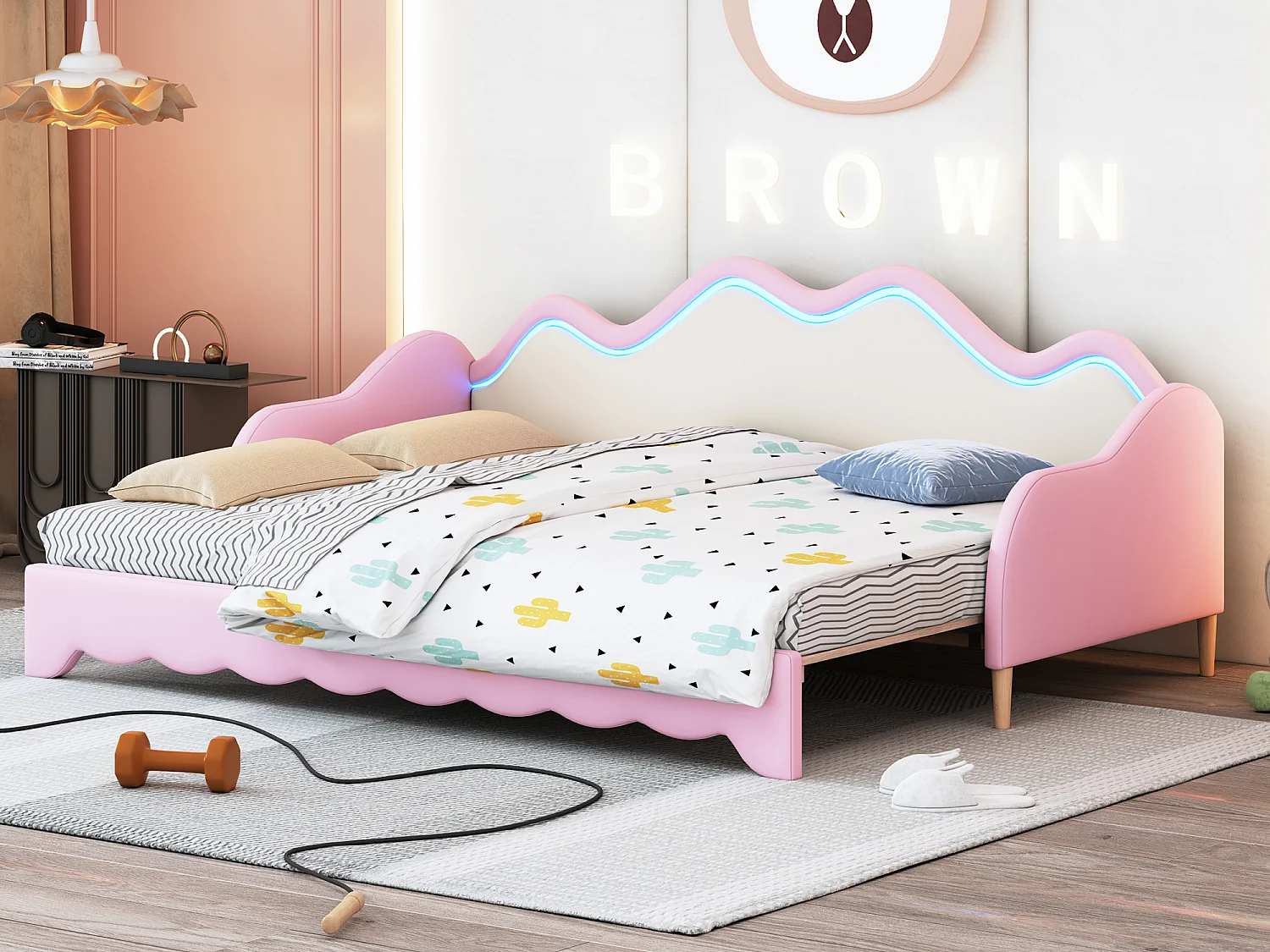 Uitschuifbaar bed 90/180 x 190 cm voor kinderen - Slaapbank - PU leer - LED's - Roze