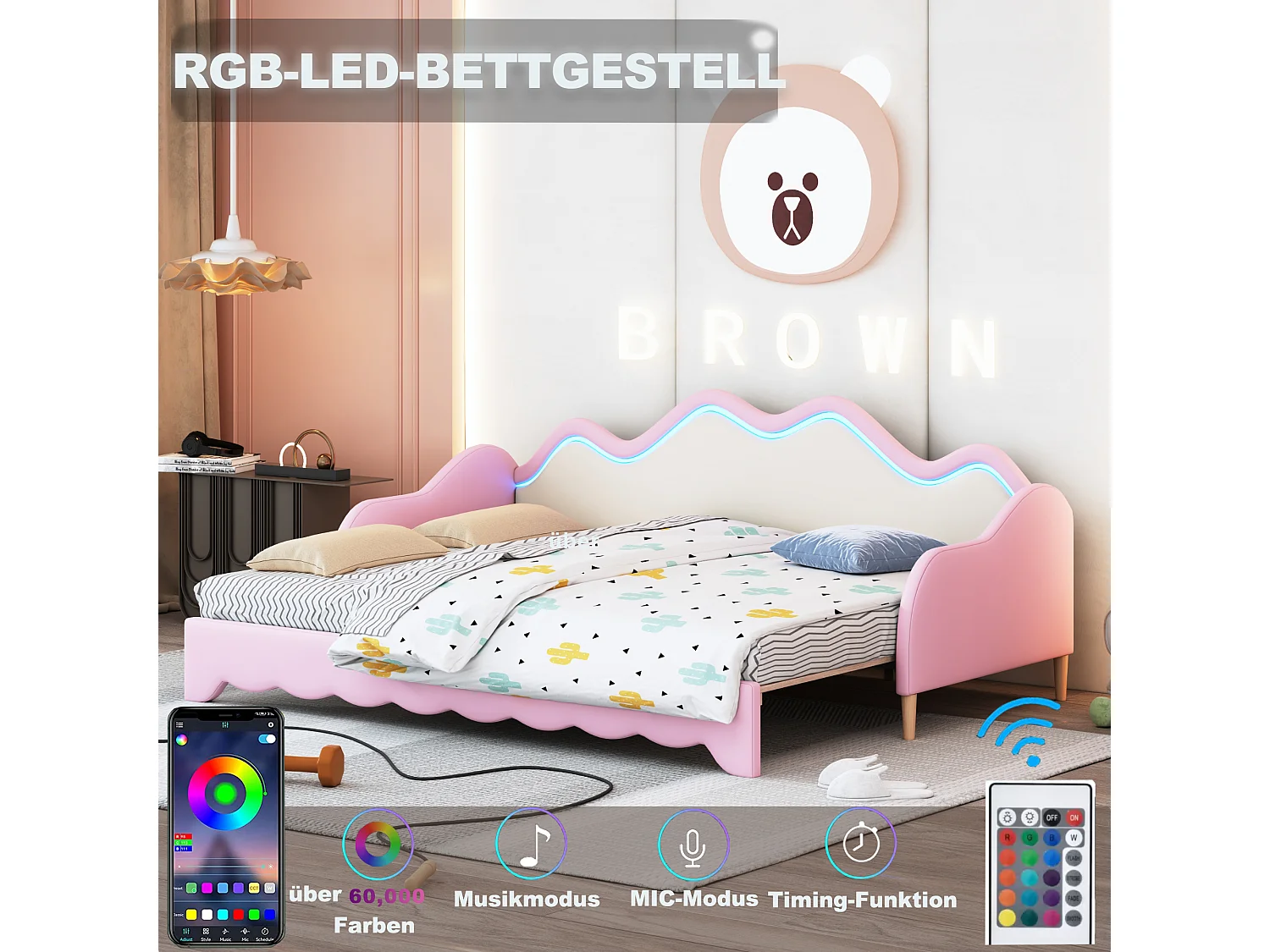Uitschuifbaar bed 90/180 x 190 cm voor kinderen - Slaapbank - PU leer - LED's - Roze