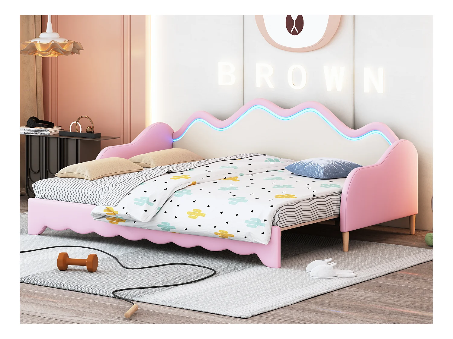 Lit gigogne 90/180 x 190 cm pour enfant - Canapé-lit - Cuir PU - LEDs - Rose