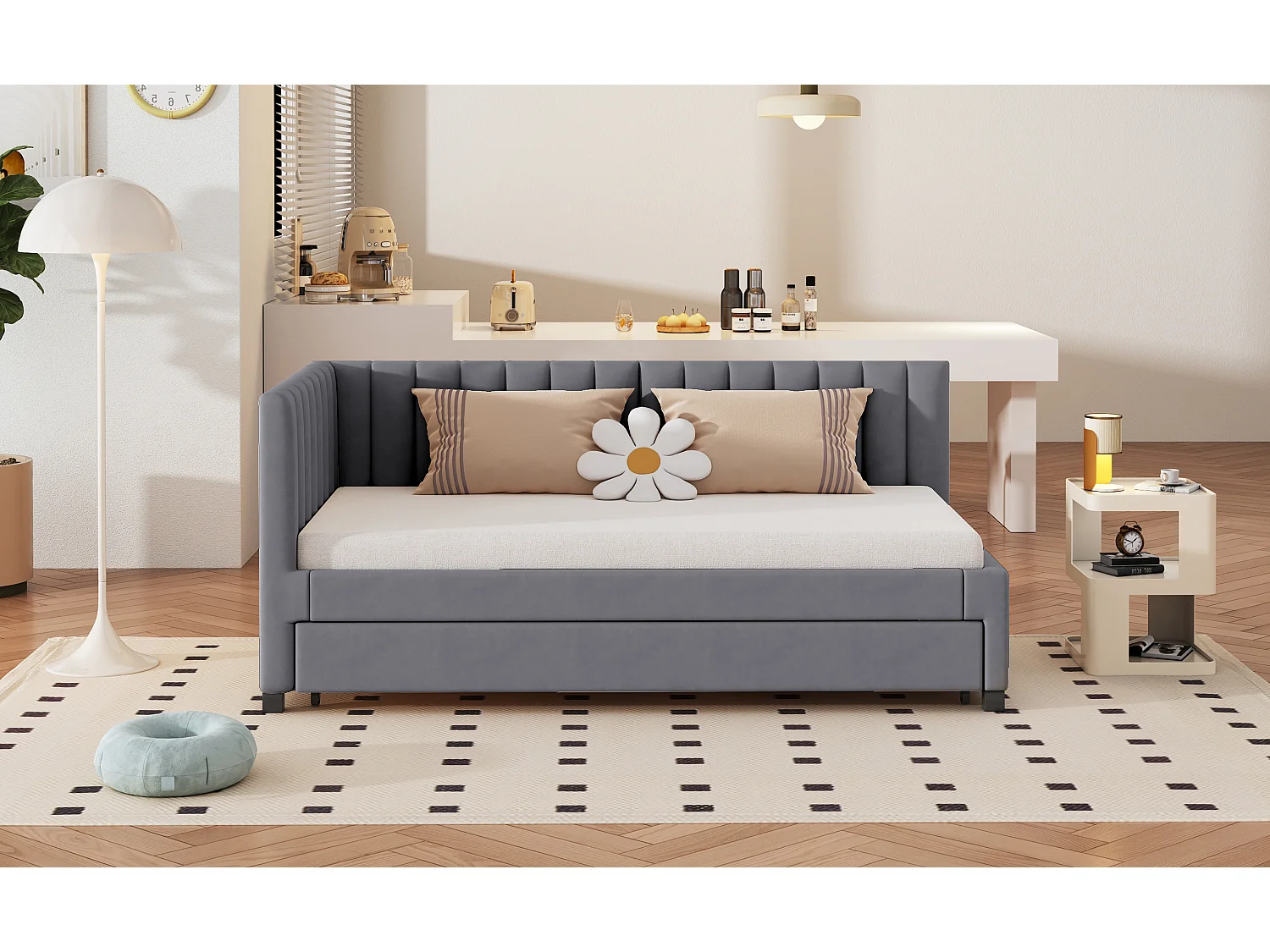 Łóżko wysuwane 90 x 190/200 cm - sofa rozkładana welurowa - stelaż listwowy - szary