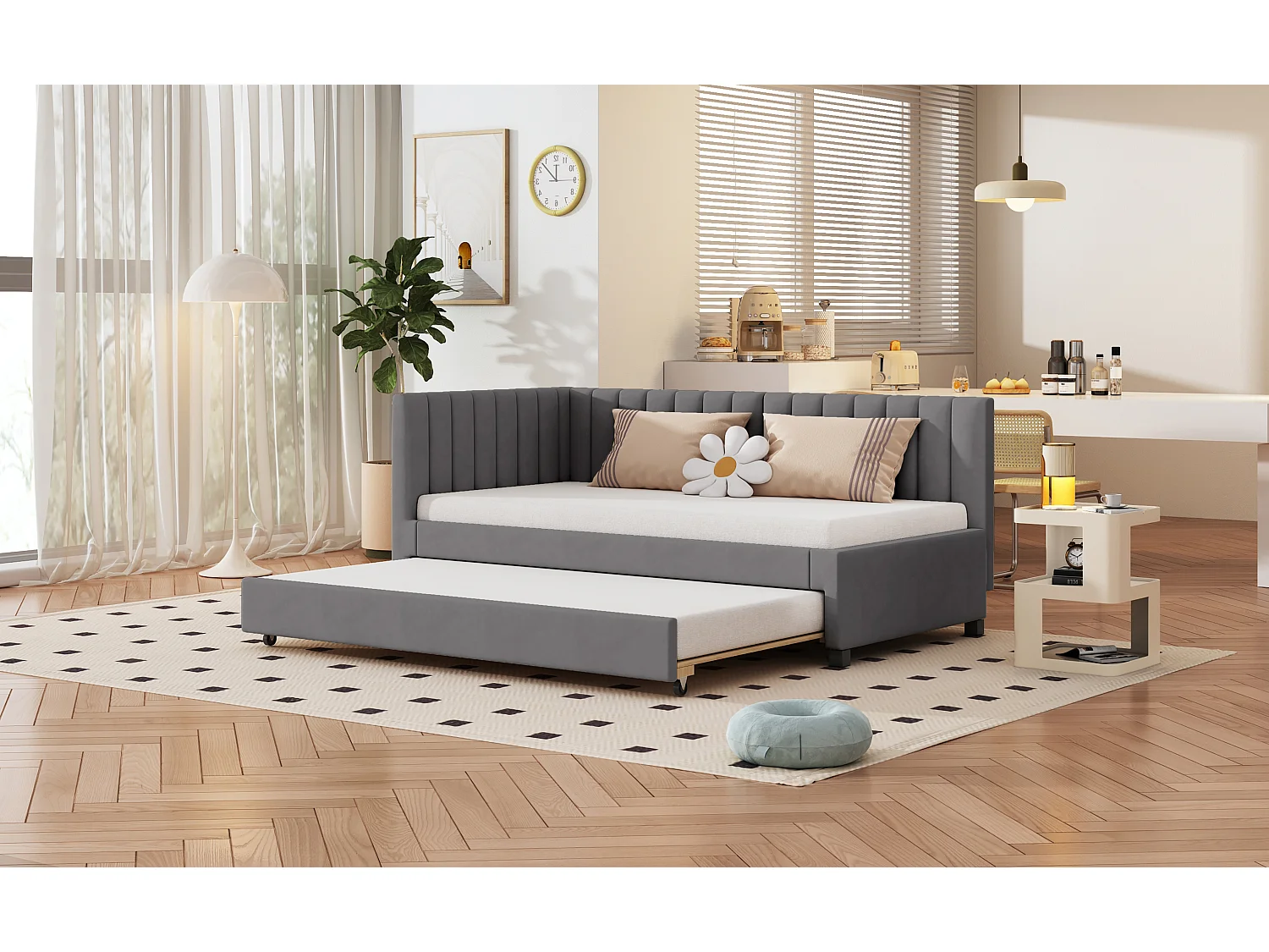 Ausziehbett 90 x 190/200 cm – Schlafsofa aus Samt – Lattenrost – Grau