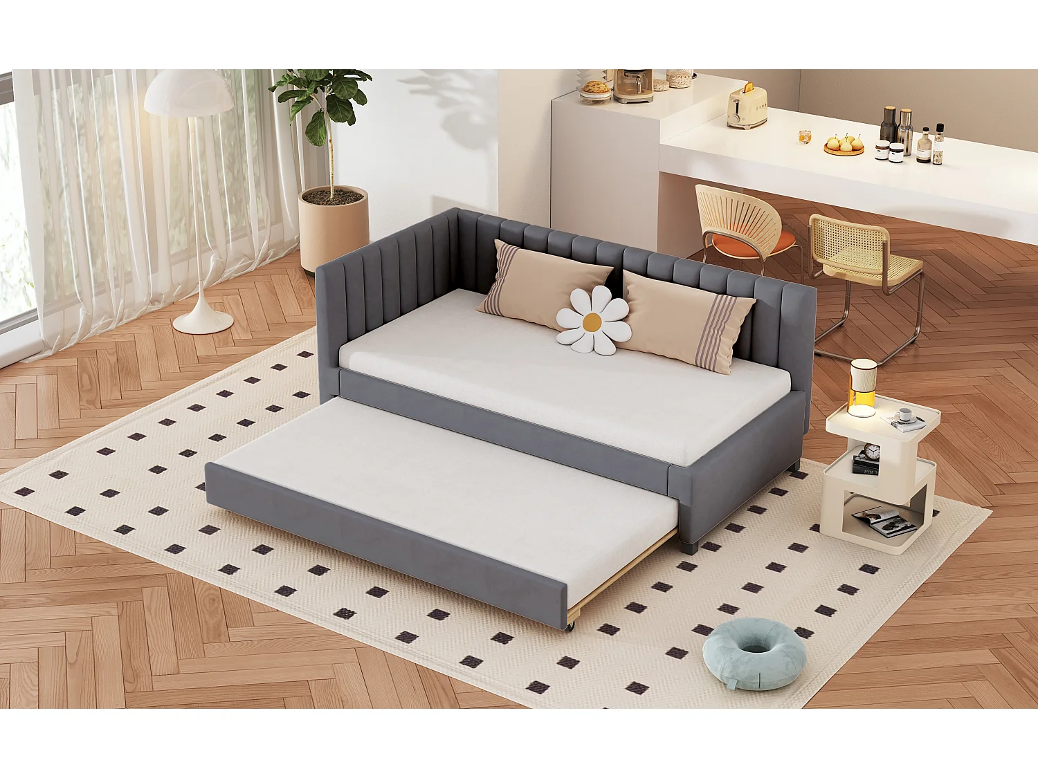 Ausziehbett 90 x 190/200 cm – Schlafsofa aus Samt – Lattenrost – Grau