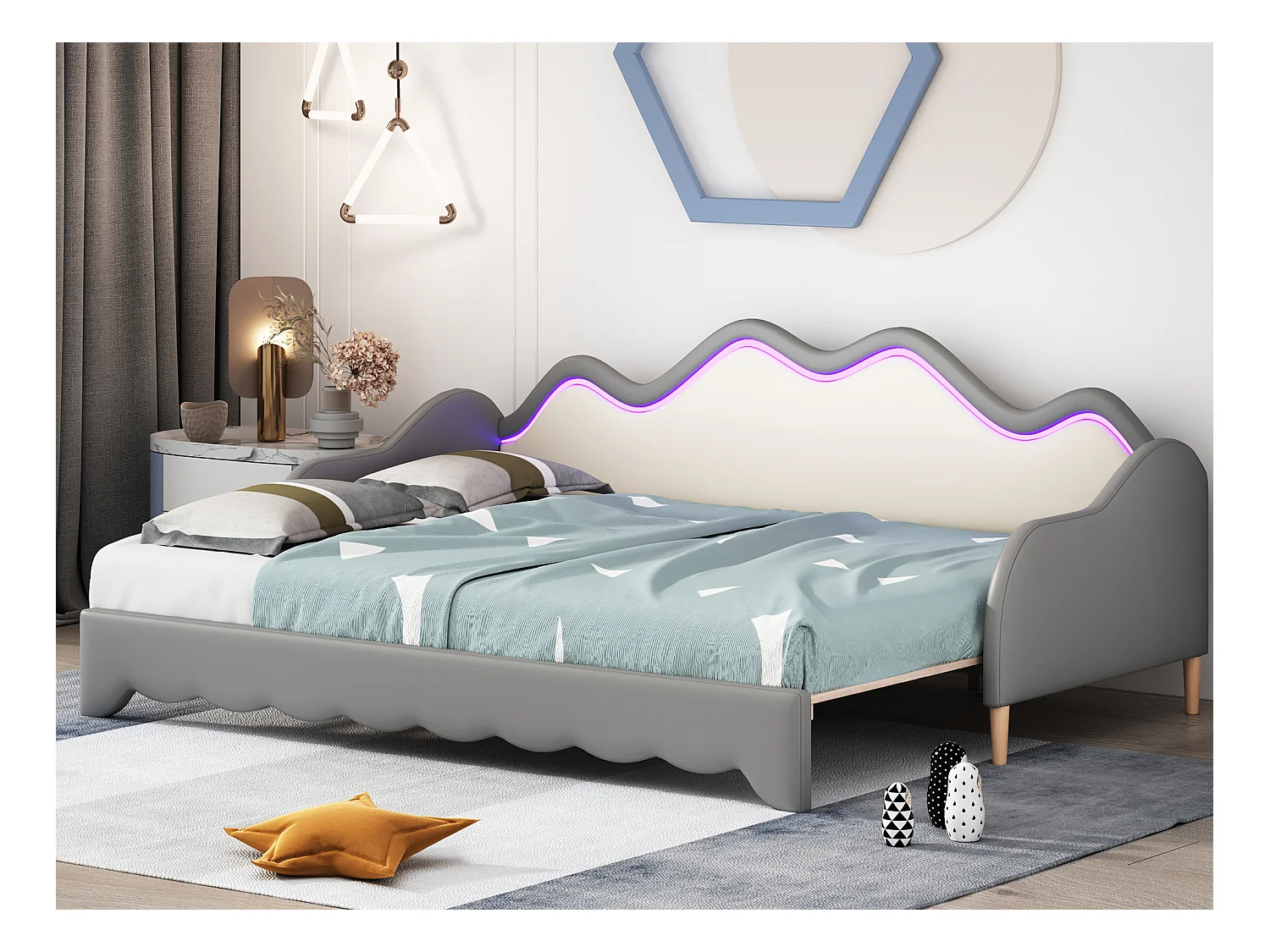 Lit gigogne 90/180 x 190 cm pour enfant - Canapé-lit - Cuir PU - LEDs - Gris