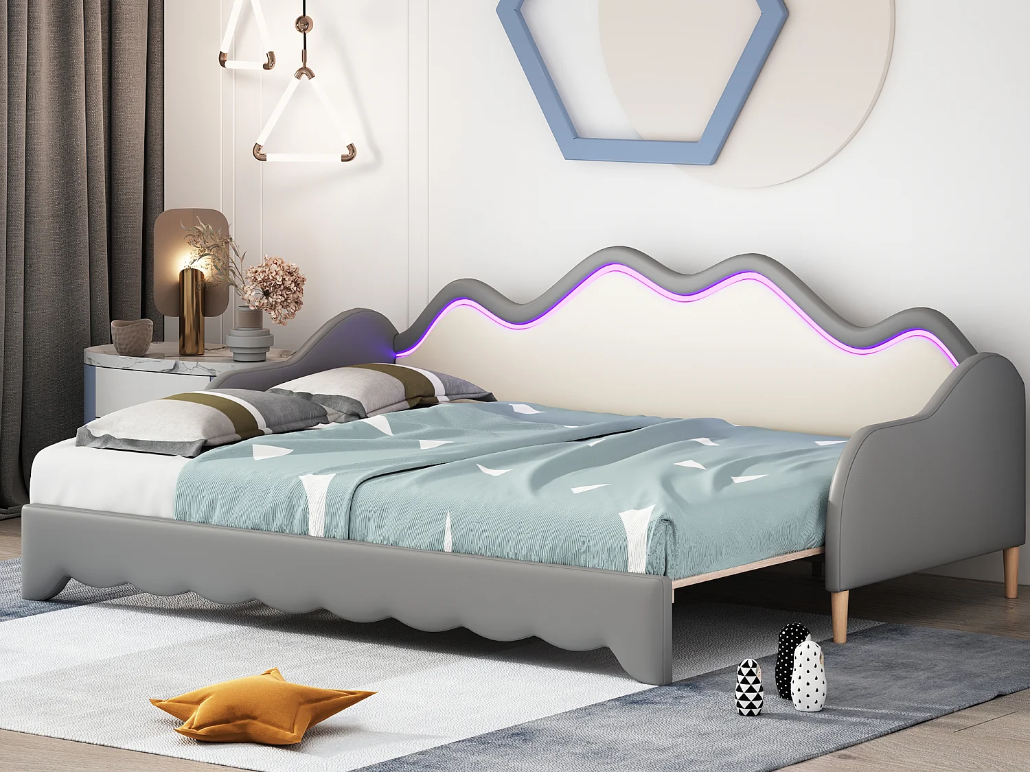 Ausziehbett 90/180 x 190 cm für Kinder – Schlafsofa – PU-Leder – LEDs – Grau