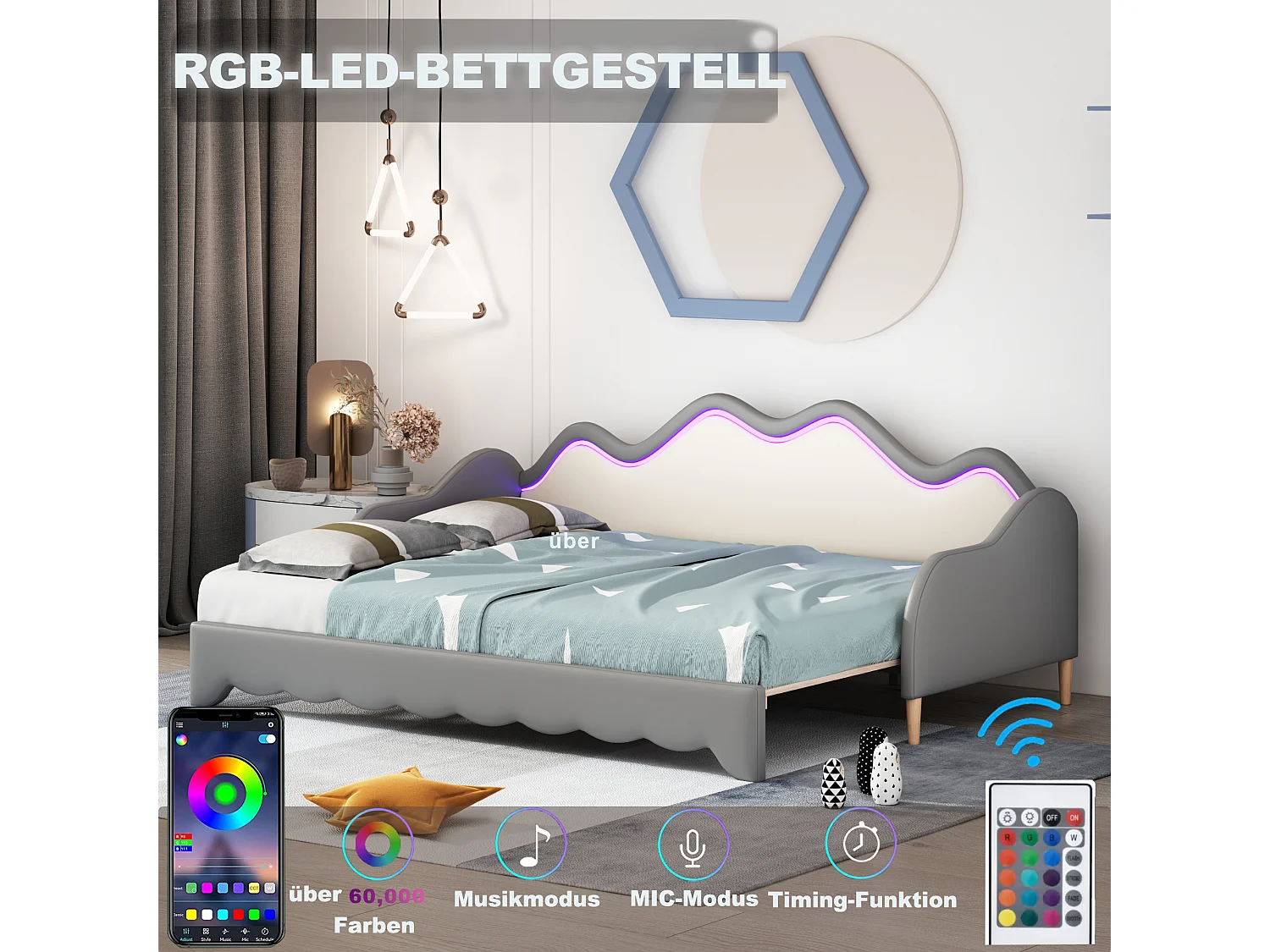 Ausziehbett 90/180 x 190 cm für Kinder – Schlafsofa – PU-Leder – LEDs – Grau