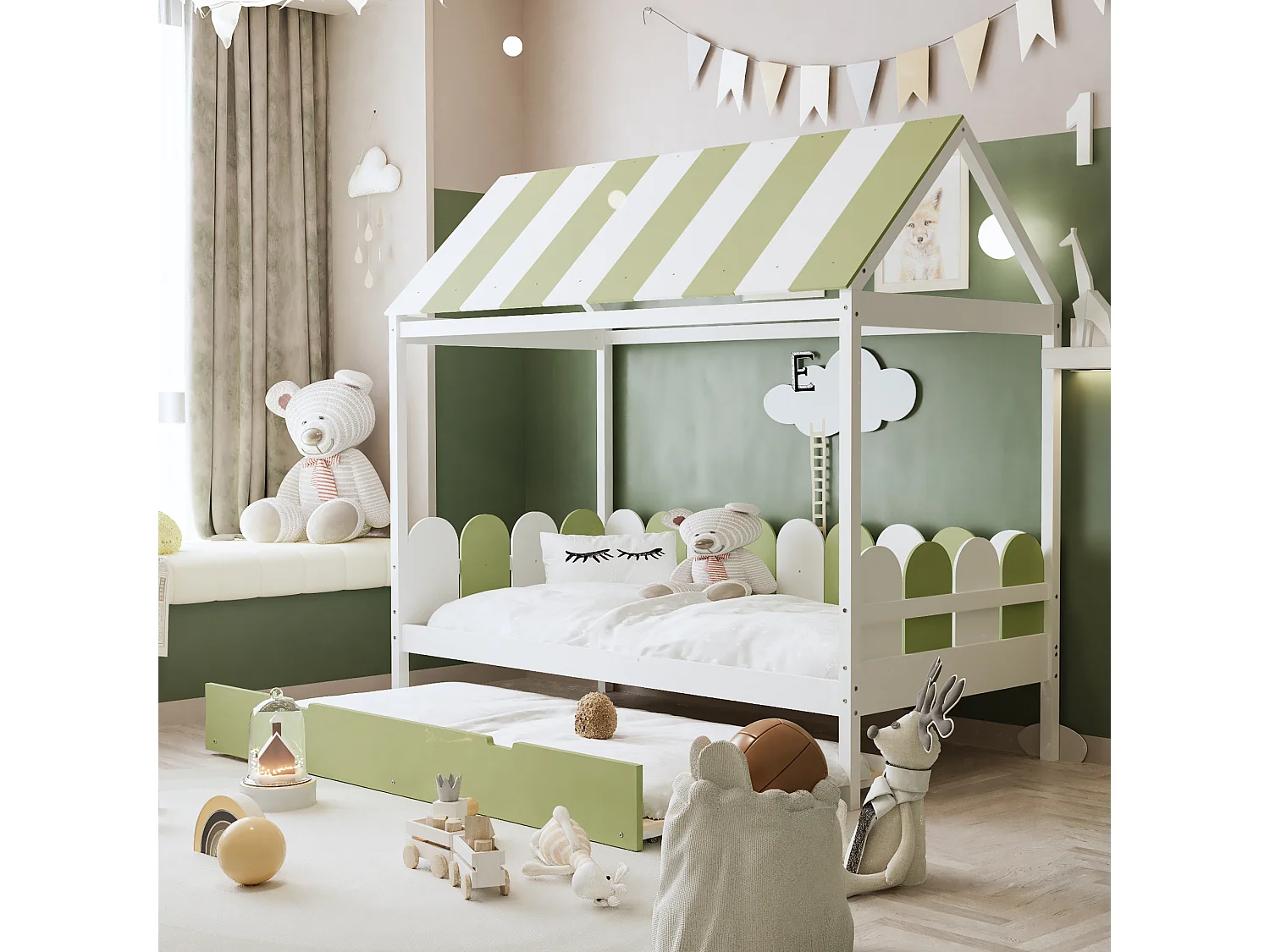 Lit gigogne cabane 2 x 90 x 190 cm avec toit et barrières - bois massif - vert + blanc