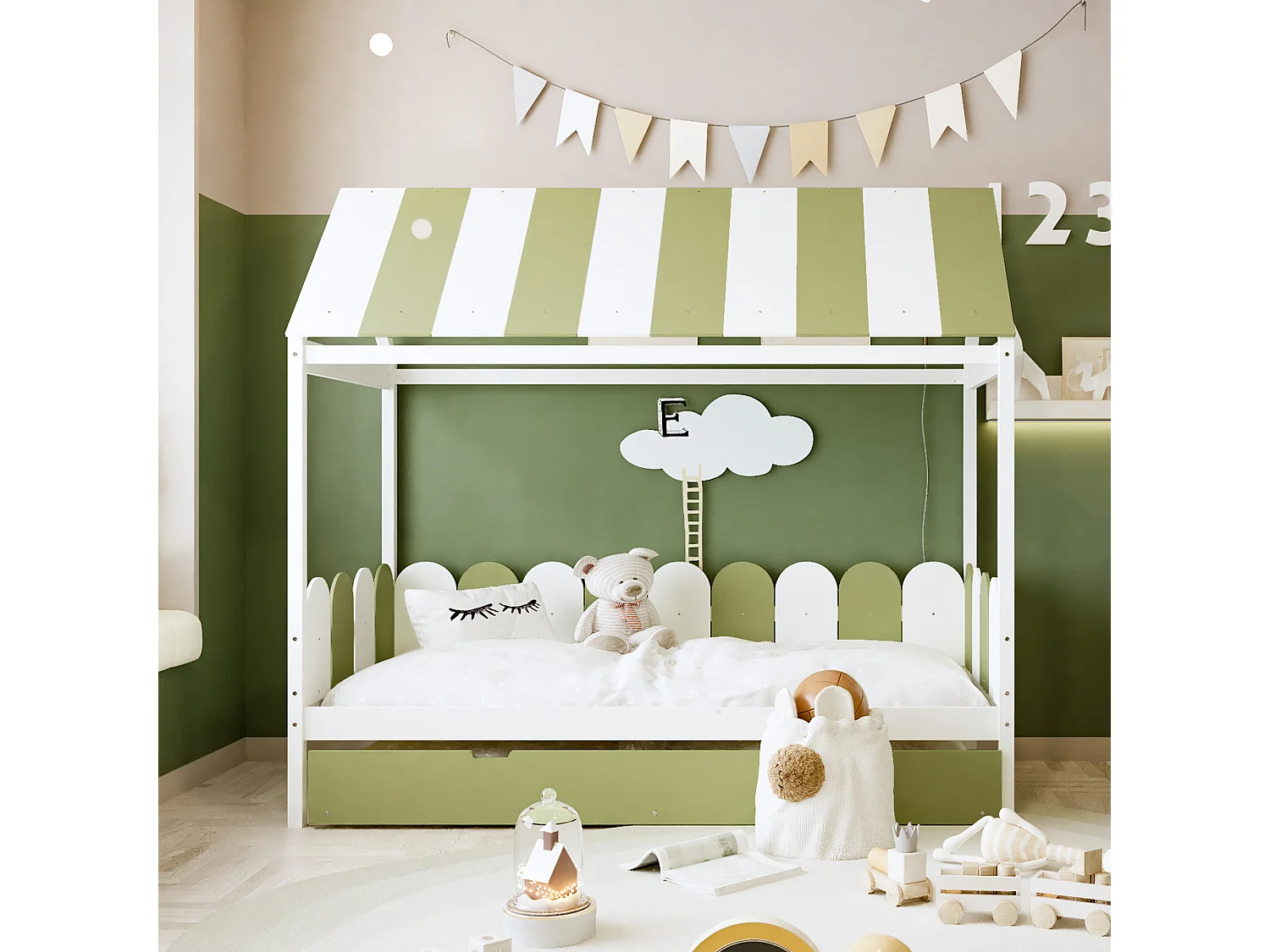 Lit gigogne cabane 2 x 90 x 190 cm avec toit et barrières - bois massif - vert + blanc