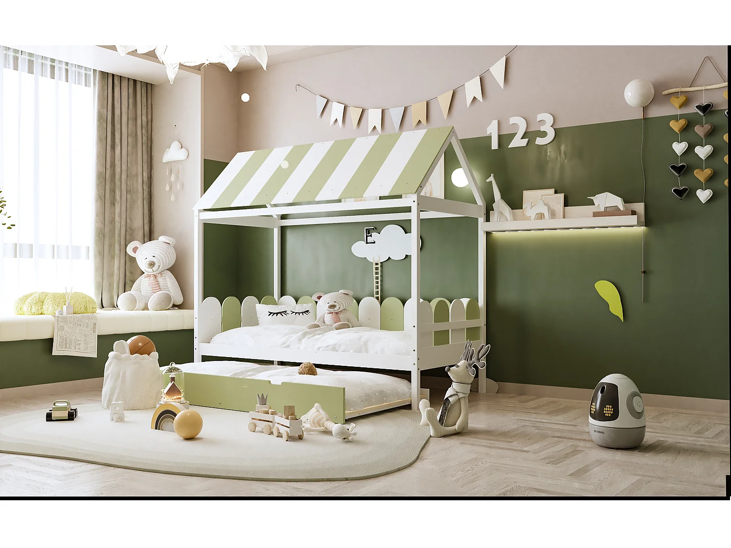 Lit gigogne cabane 2 x 90 x 190 cm avec toit et barrières - bois massif - vert + blanc