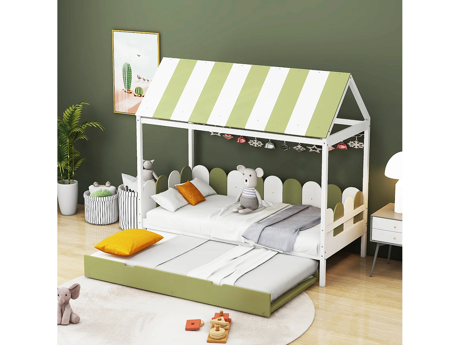 Kajuitonderschuifbed 2 x 90 x 190 cm met dak en rails - massief hout - groen + wit