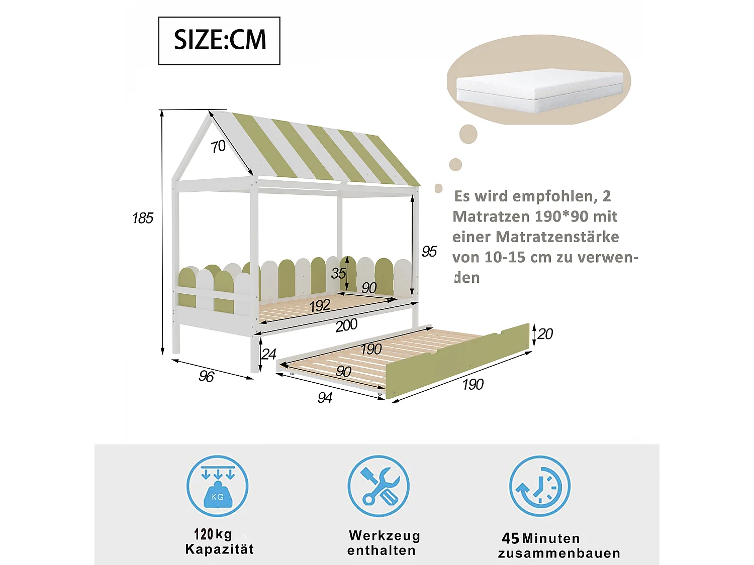 Kajuitonderschuifbed 2 x 90 x 190 cm met dak en rails - massief hout - groen + wit