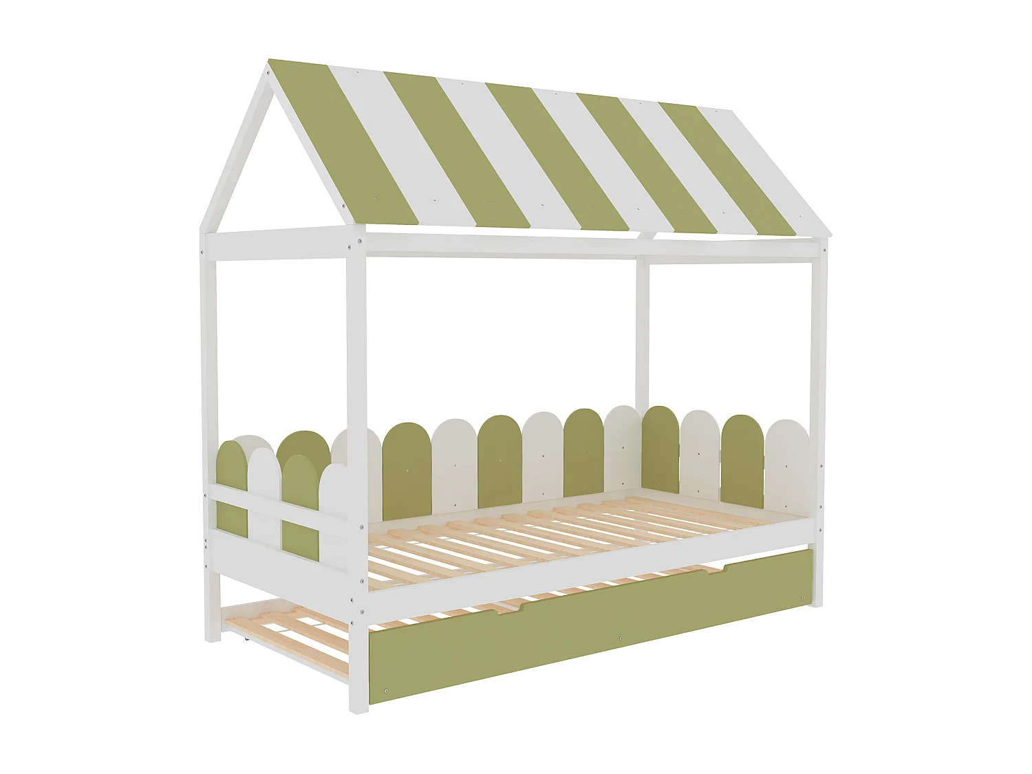 Kajuitonderschuifbed 2 x 90 x 190 cm met dak en rails - massief hout - groen + wit