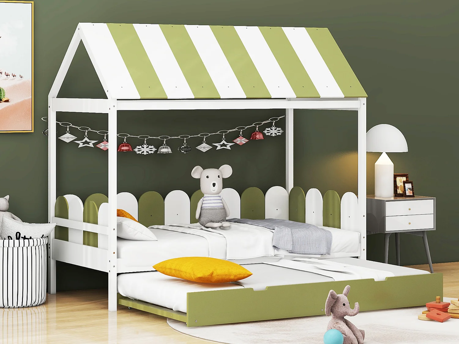 Lit gigogne cabane 2 x 90 x 190 cm avec toit et barrières - bois massif - vert + blanc