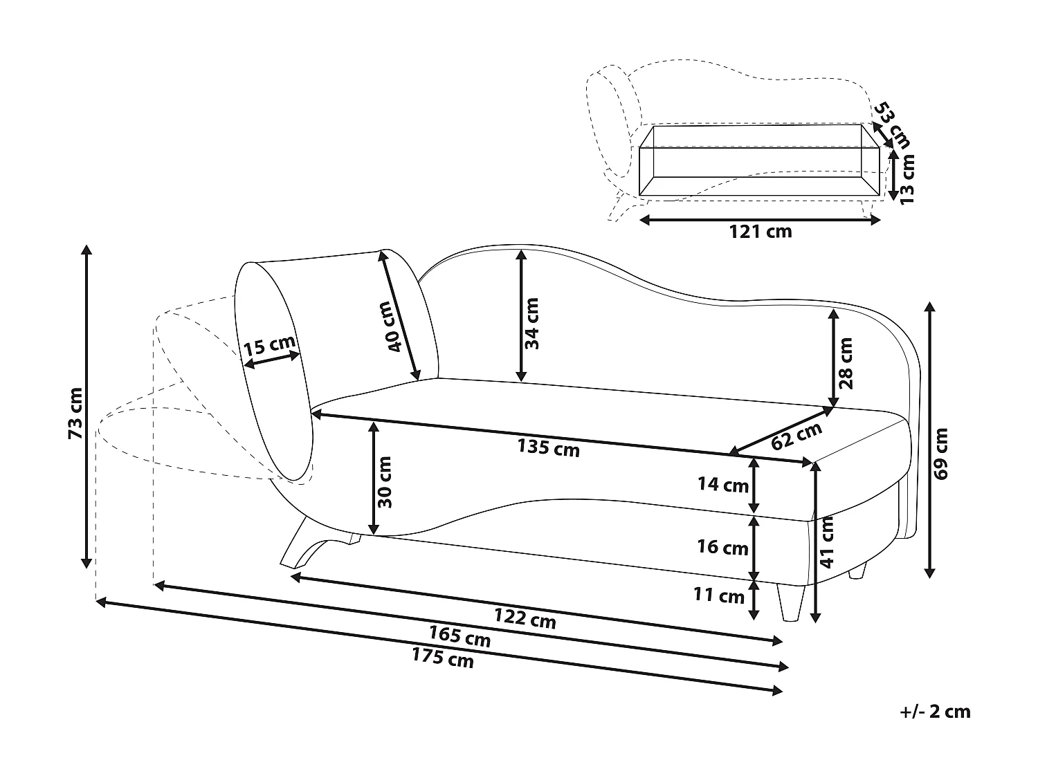 Chaise longue versione sinistra MERI Velluto Nero con contenitore