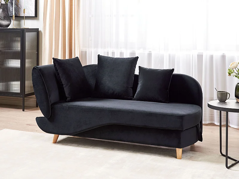 Chaiselongue Samt schwarz linksseitig mit Stauraum Kissen modern Meri II