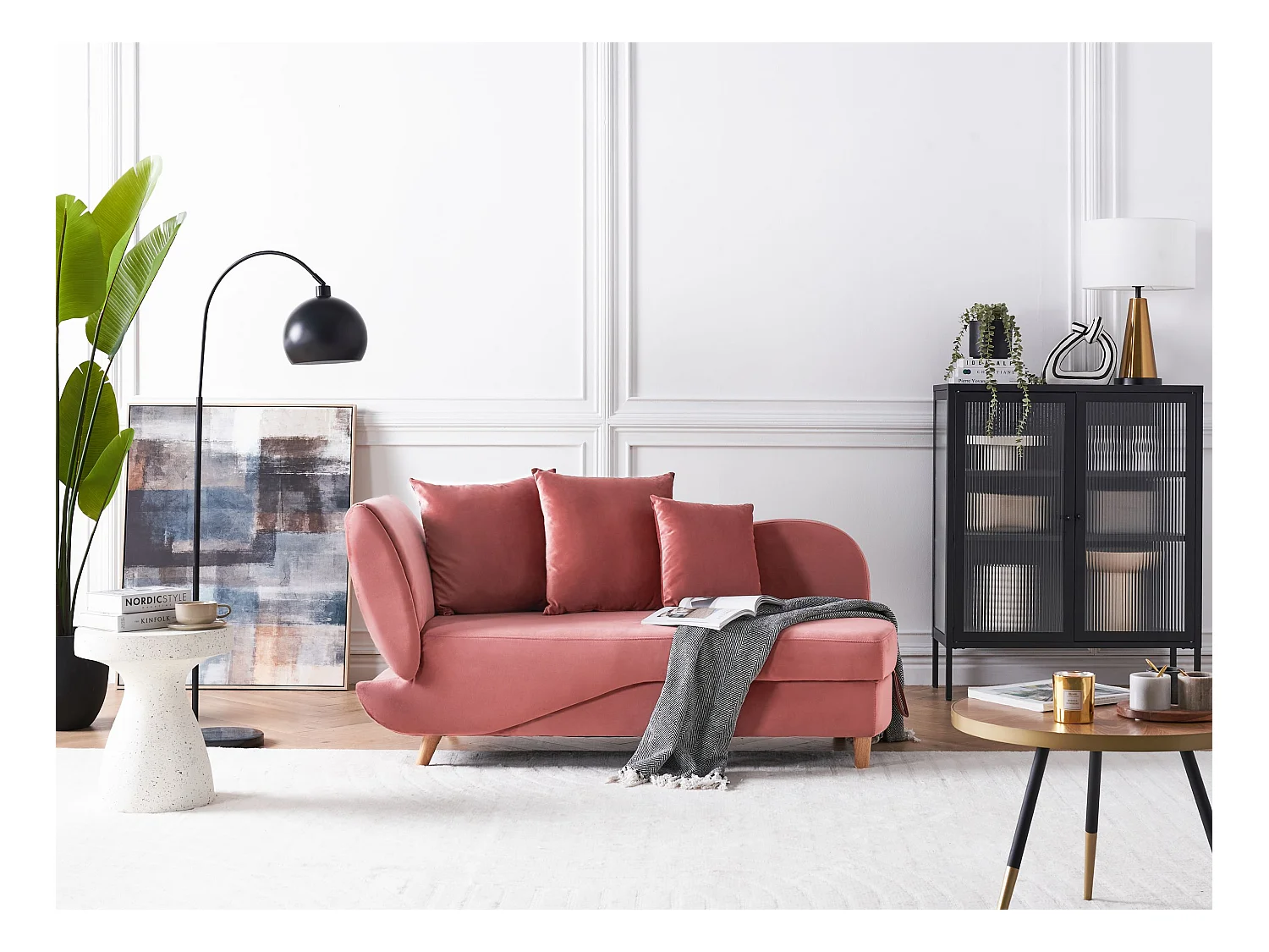 Chaise longue côté droite MERI Velours Rose avec rangement