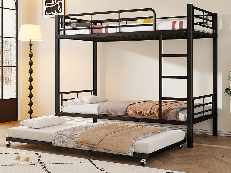 Etagenbetten 2 x 90 x 200 cm + Ausziehbett 90 x 190 cm – Metall – Schwarz