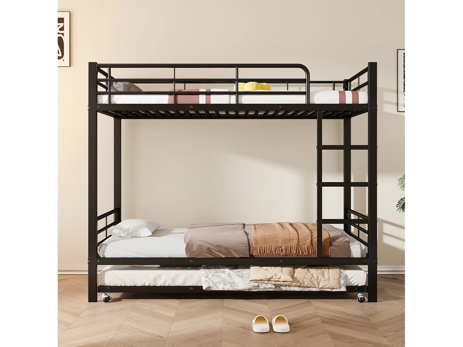 Beliches 2 x 90 x 200 cm + cama com gavetão 90 x 190 cm - metal - preto