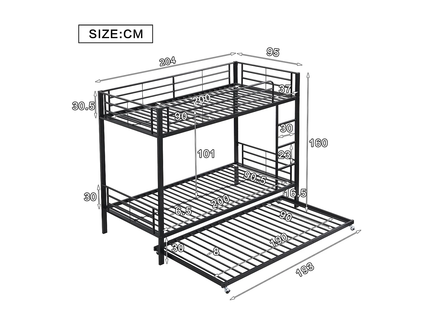 Beliches 2 x 90 x 200 cm + cama com gavetão 90 x 190 cm - metal - preto