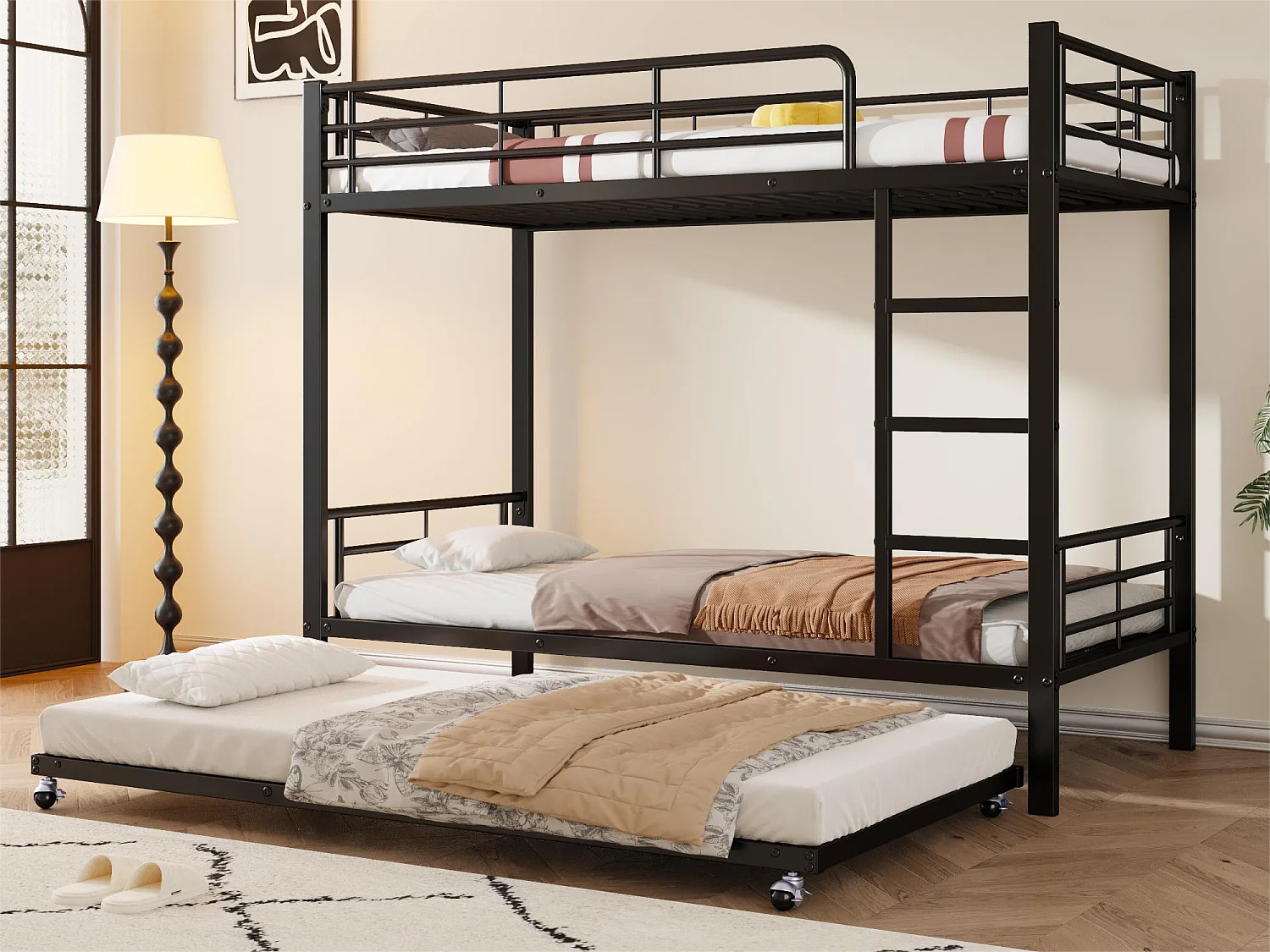 Letti a castello 2 x 90 x 200 cm + letto estraibile 90 x 190 cm - metallo - nero