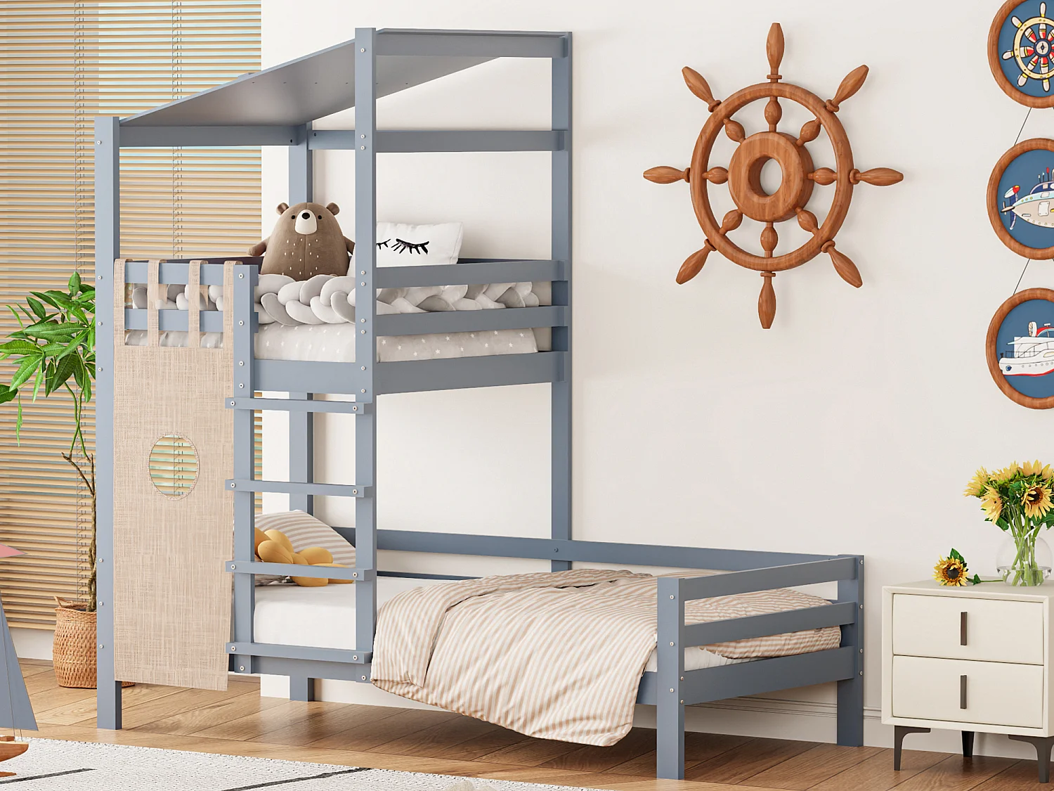 Beliche infantil 90 x 200 cm com teto e escada - madeira maciça - cinza