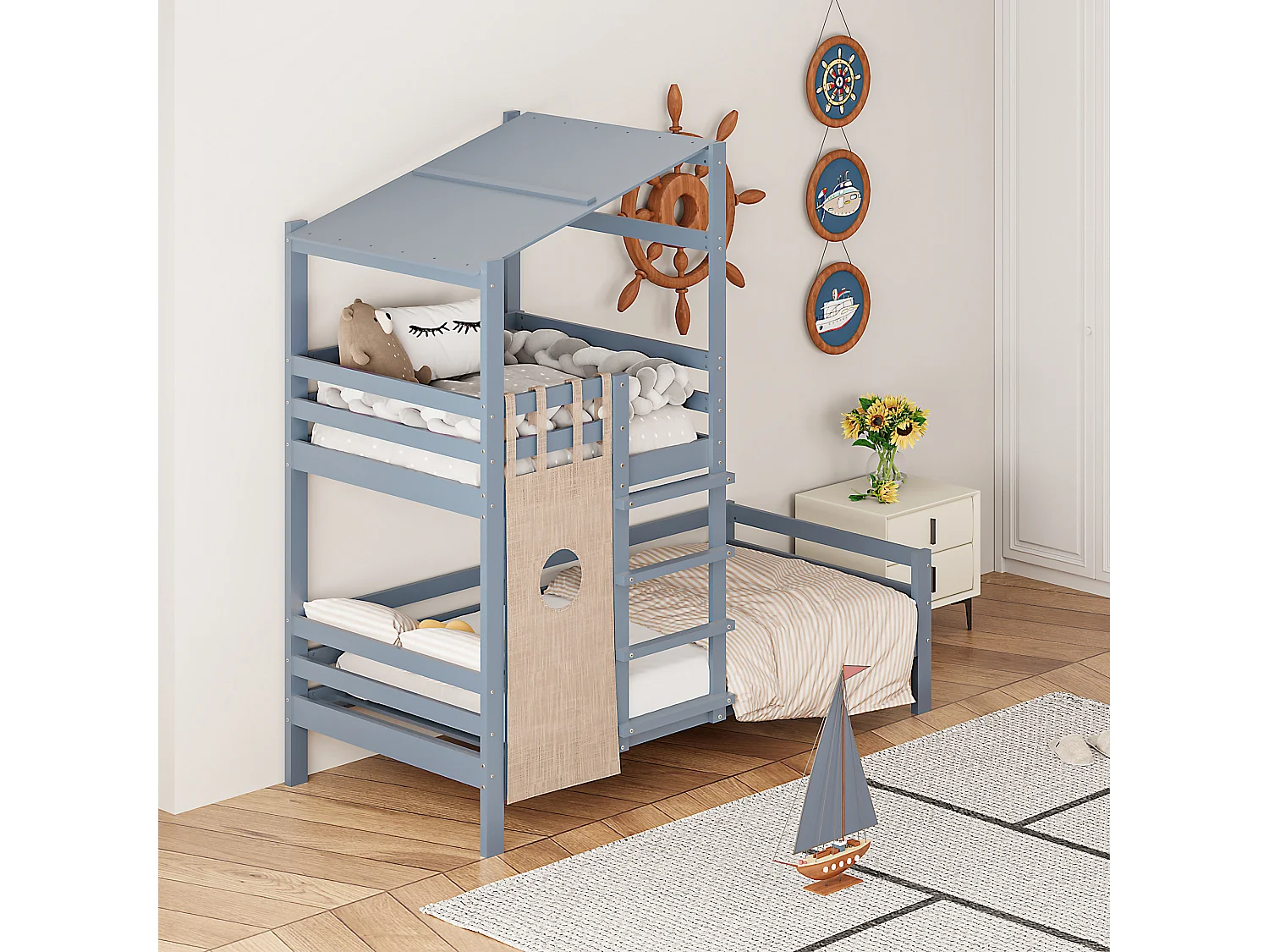 Beliche infantil 90 x 200 cm com teto e escada - madeira maciça - cinza