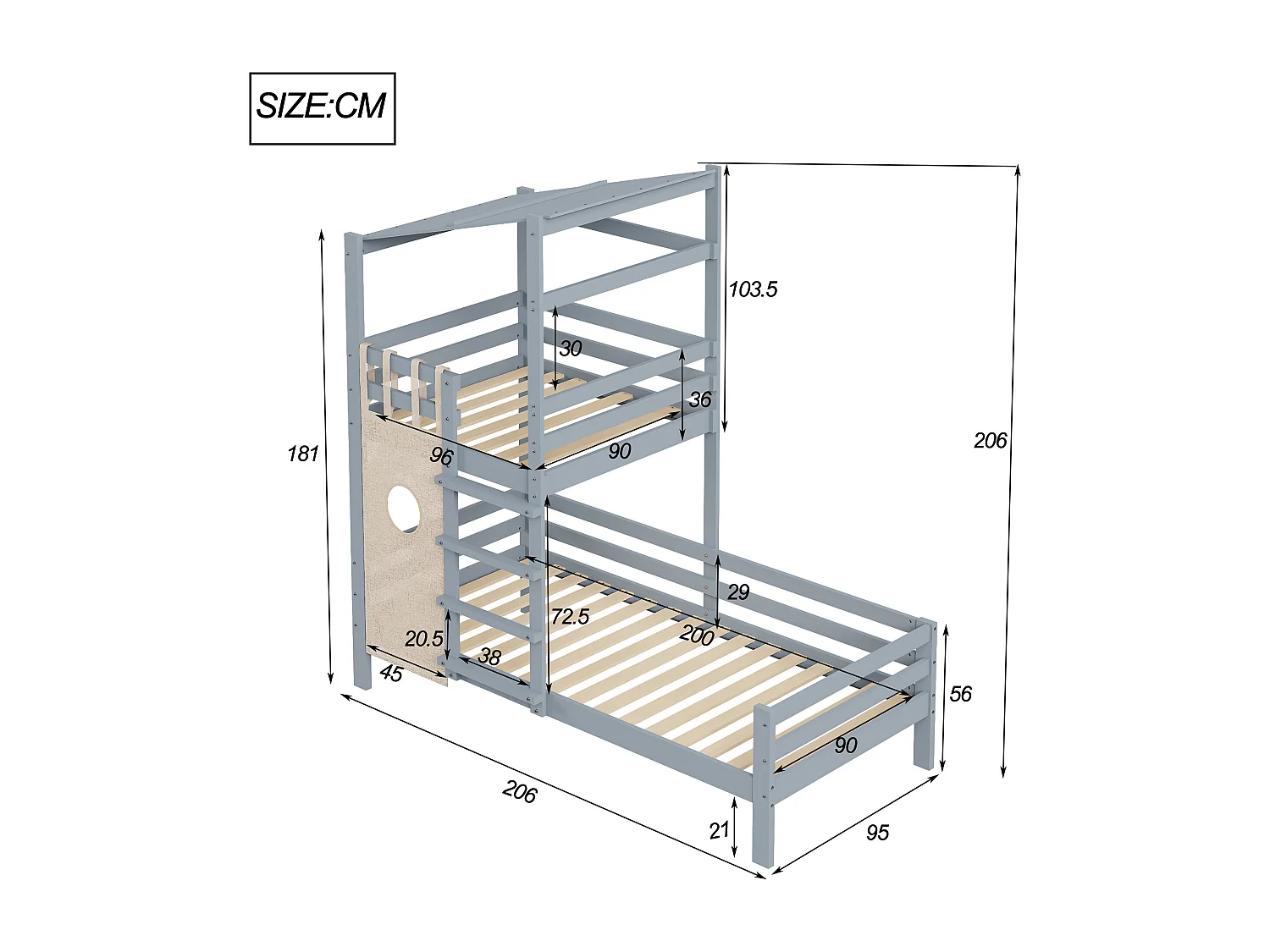 Beliche infantil 90 x 200 cm com teto e escada - madeira maciça - cinza