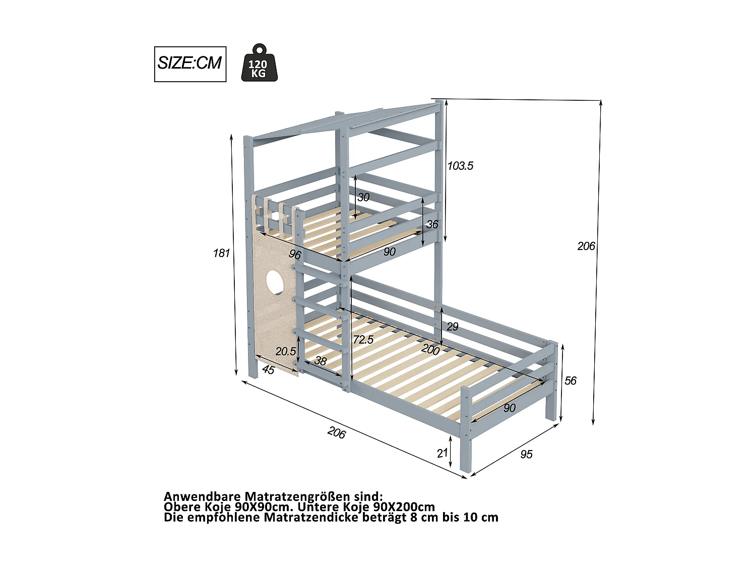 Beliche infantil 90 x 200 cm com teto e escada - madeira maciça - cinza