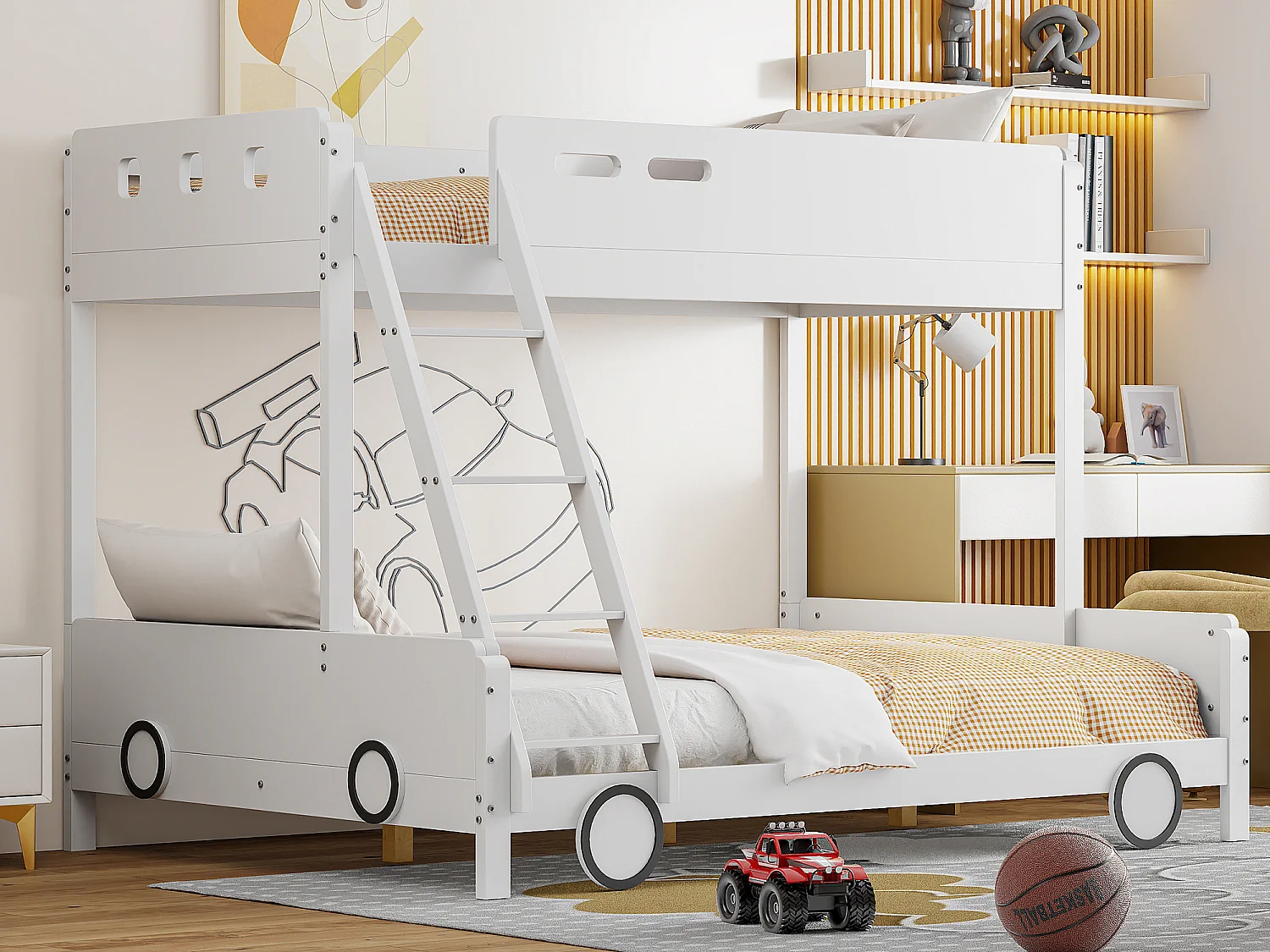 Lits superposés 90 x 200 cm + 140 x 200 cm avec échelle - bois massif - blanc