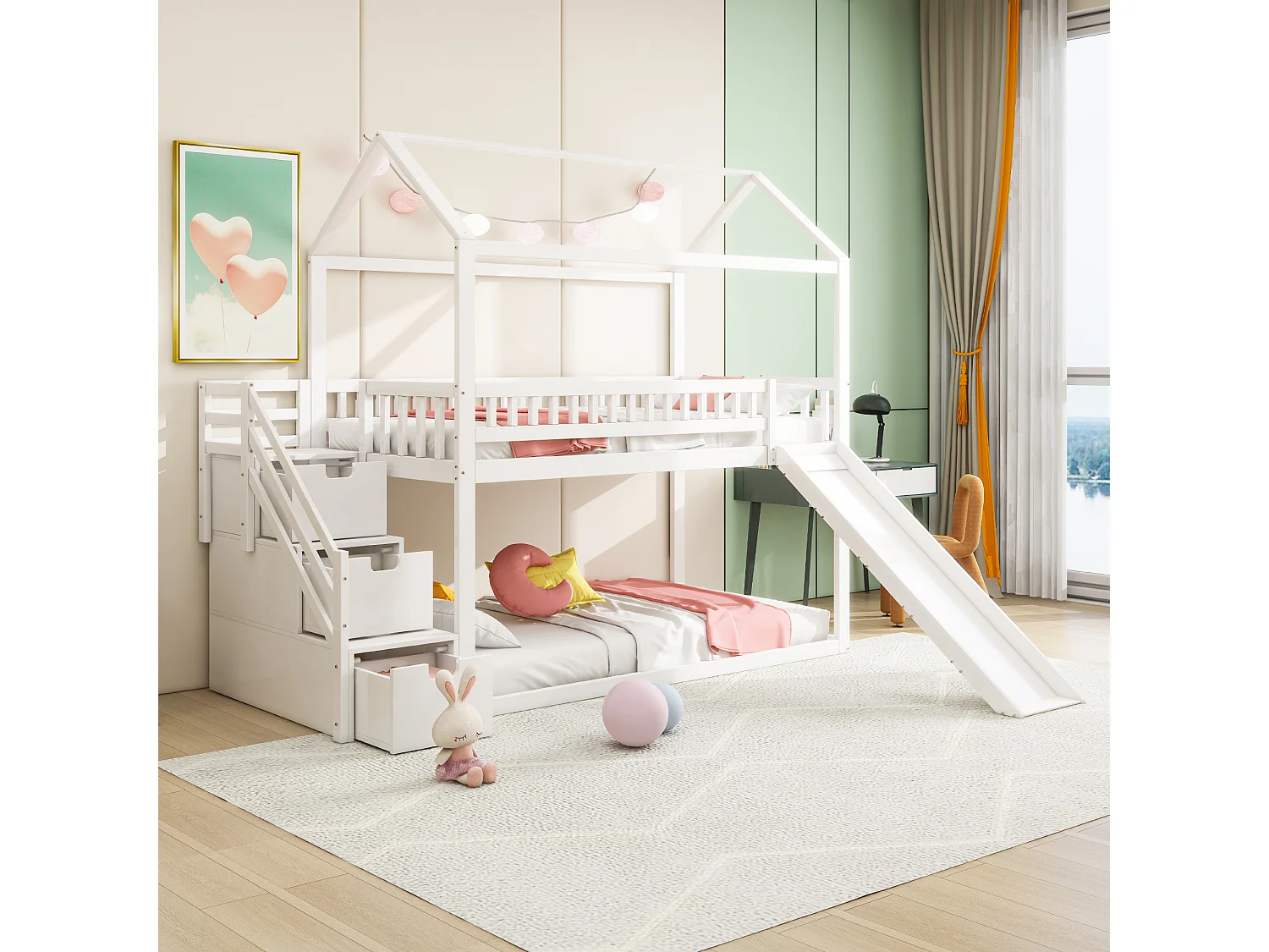 Etagenbett 2 x 90 x 200 cm mit 3 Schubladen und Rutsche – Massivholz – Weiß