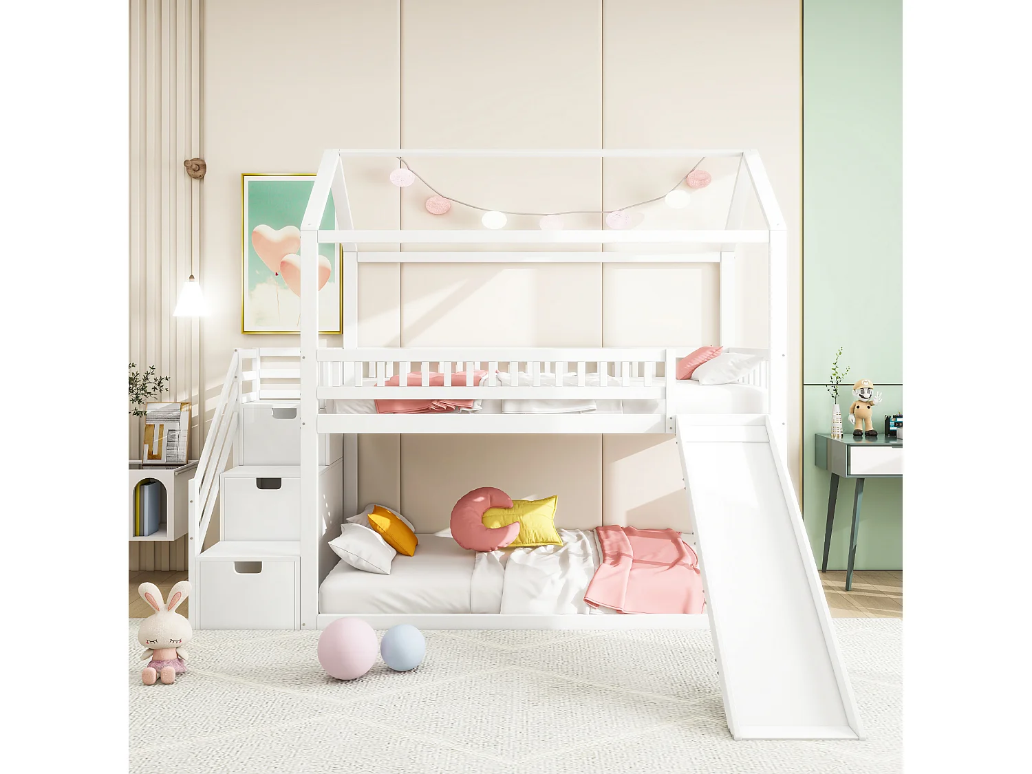 Etagenbett 2 x 90 x 200 cm mit 3 Schubladen und Rutsche – Massivholz – Weiß
