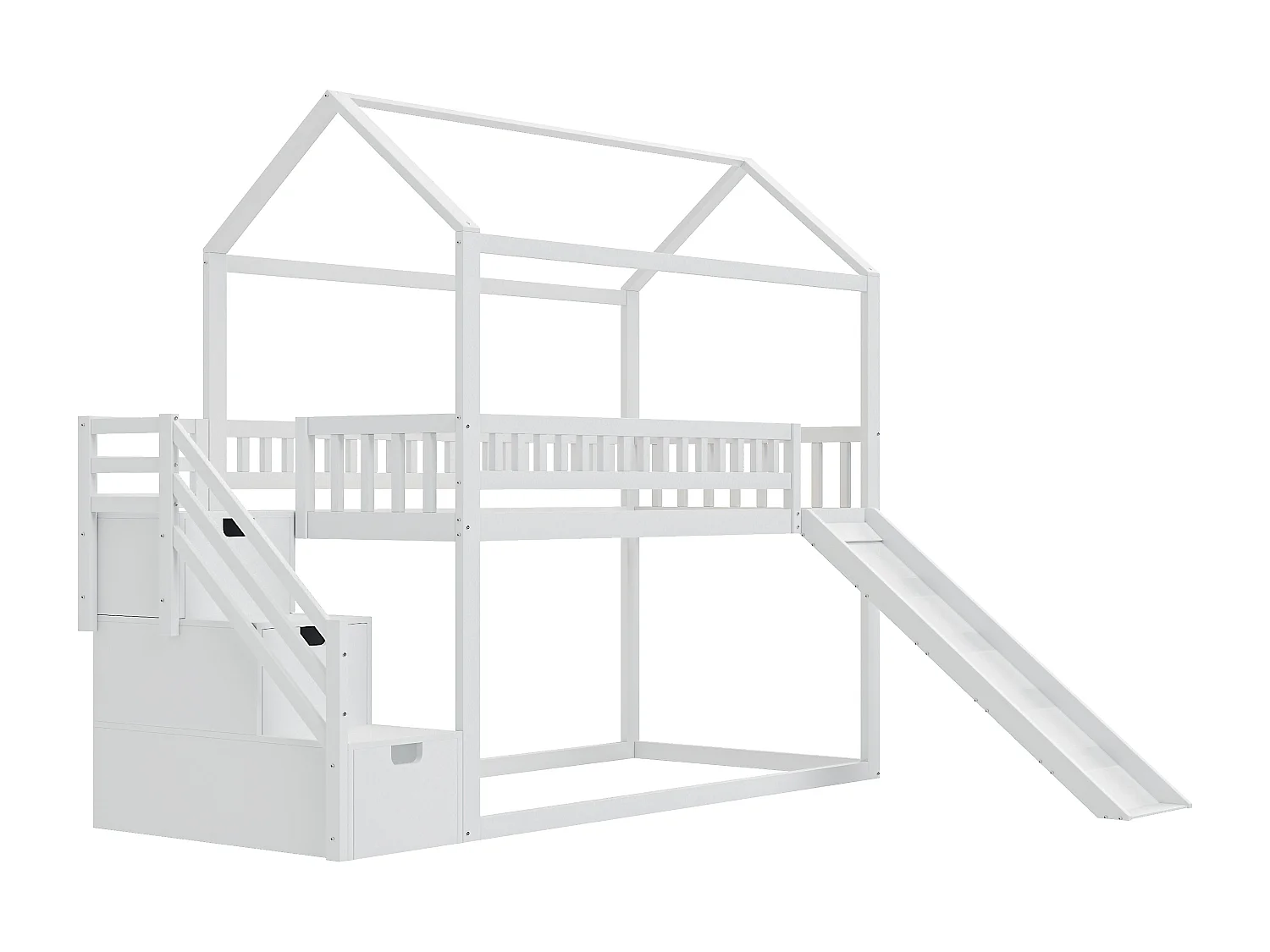 Etagenbett 2 x 90 x 200 cm mit 3 Schubladen und Rutsche – Massivholz – Weiß