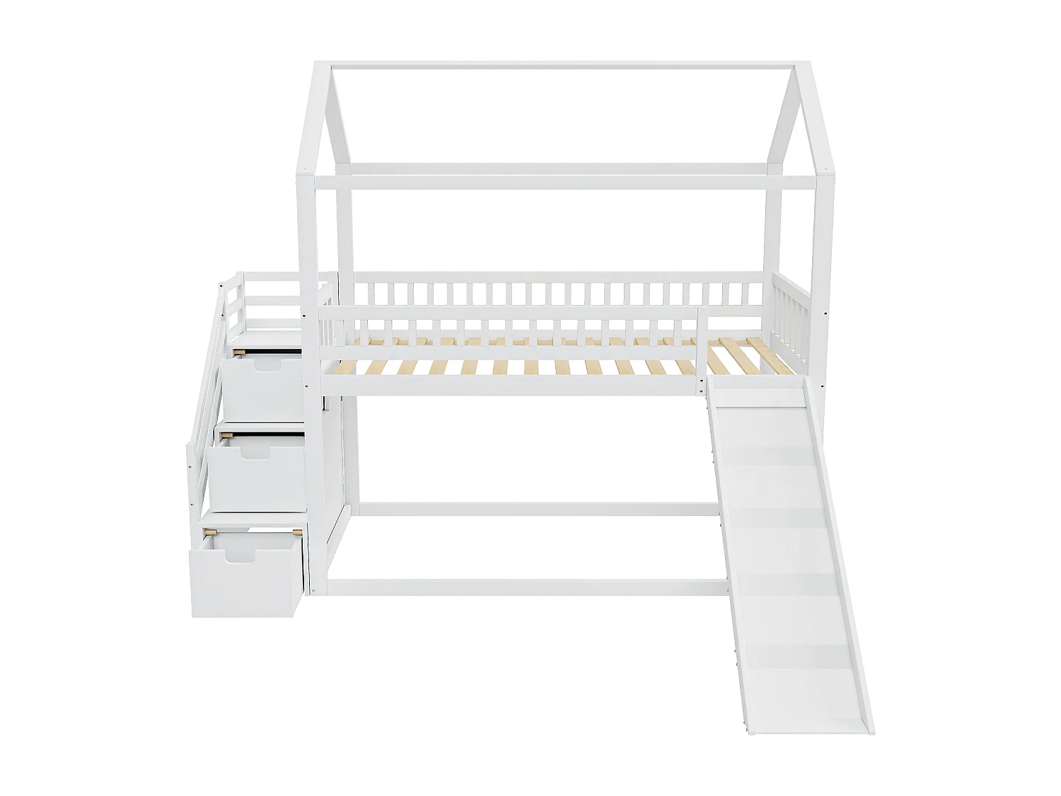 Etagenbett 2 x 90 x 200 cm mit 3 Schubladen und Rutsche – Massivholz – Weiß