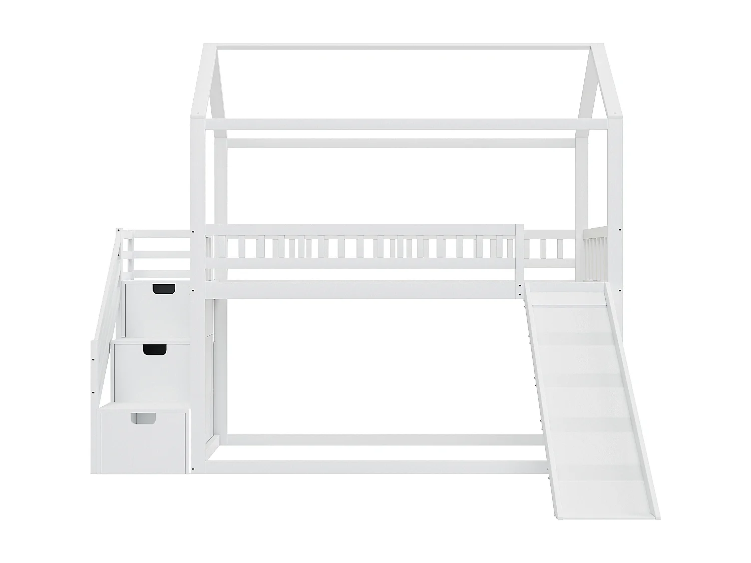 Etagenbett 2 x 90 x 200 cm mit 3 Schubladen und Rutsche – Massivholz – Weiß