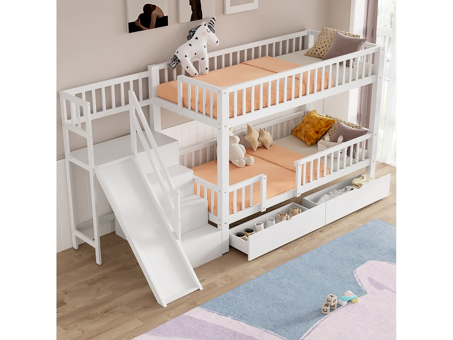 Lits superposés 2 x 90 x 200 cm avec 2 tiroirs et toboggan - bois massif - blanc