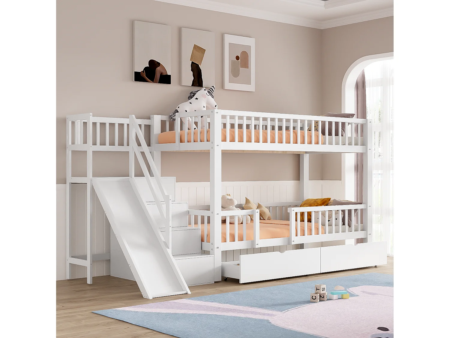 Lits superposés 2 x 90 x 200 cm avec 2 tiroirs et toboggan - bois massif - blanc