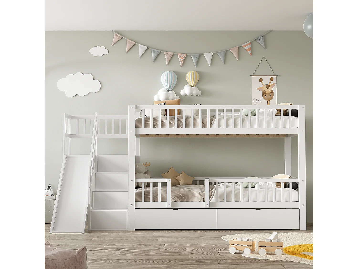 Lits superposés 2 x 90 x 200 cm avec 2 tiroirs et toboggan - bois massif - blanc