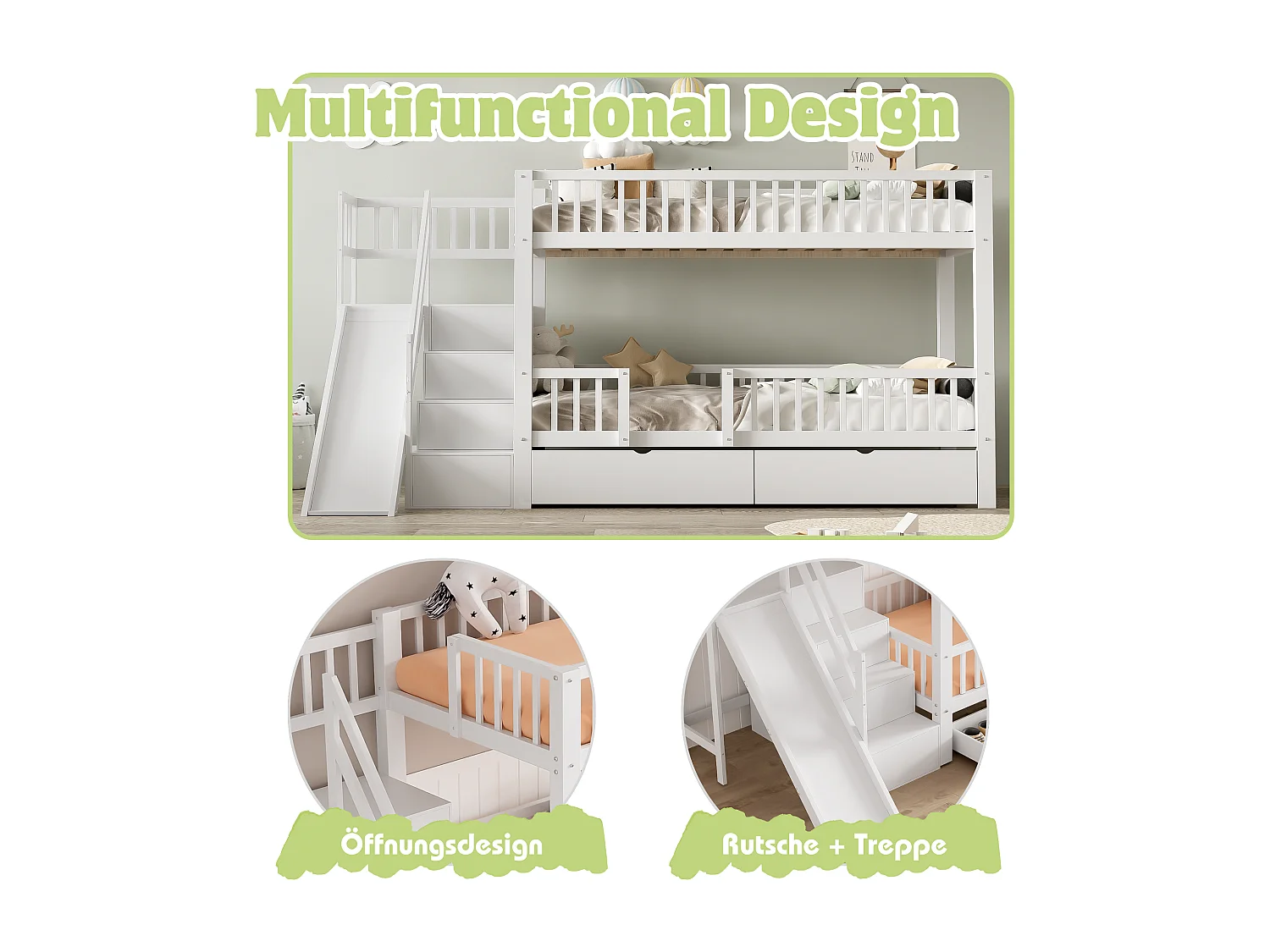 Lits superposés 2 x 90 x 200 cm avec 2 tiroirs et toboggan - bois massif - blanc