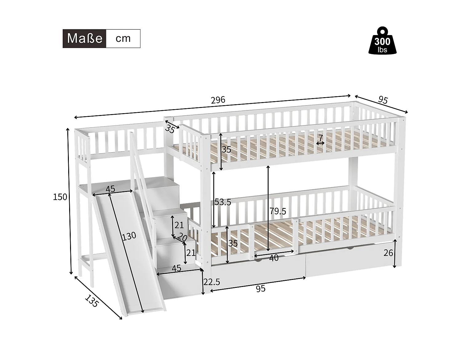 Lits superposés 2 x 90 x 200 cm avec 2 tiroirs et toboggan - bois massif - blanc