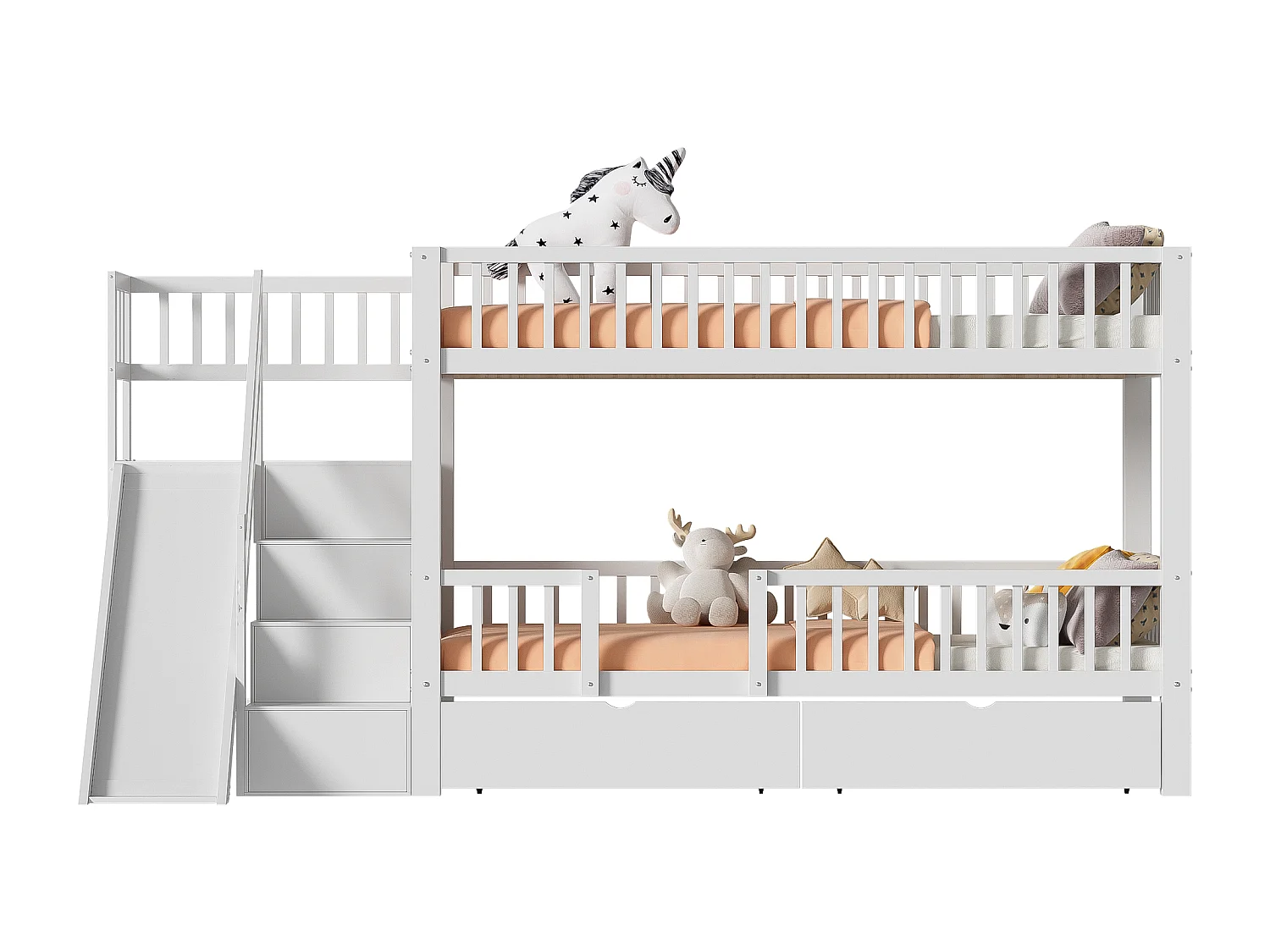 Lits superposés 2 x 90 x 200 cm avec 2 tiroirs et toboggan - bois massif - blanc