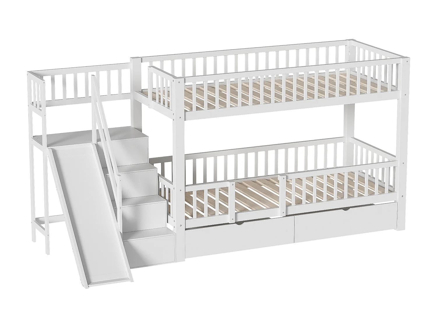 Lits superposés 2 x 90 x 200 cm avec 2 tiroirs et toboggan - bois massif - blanc