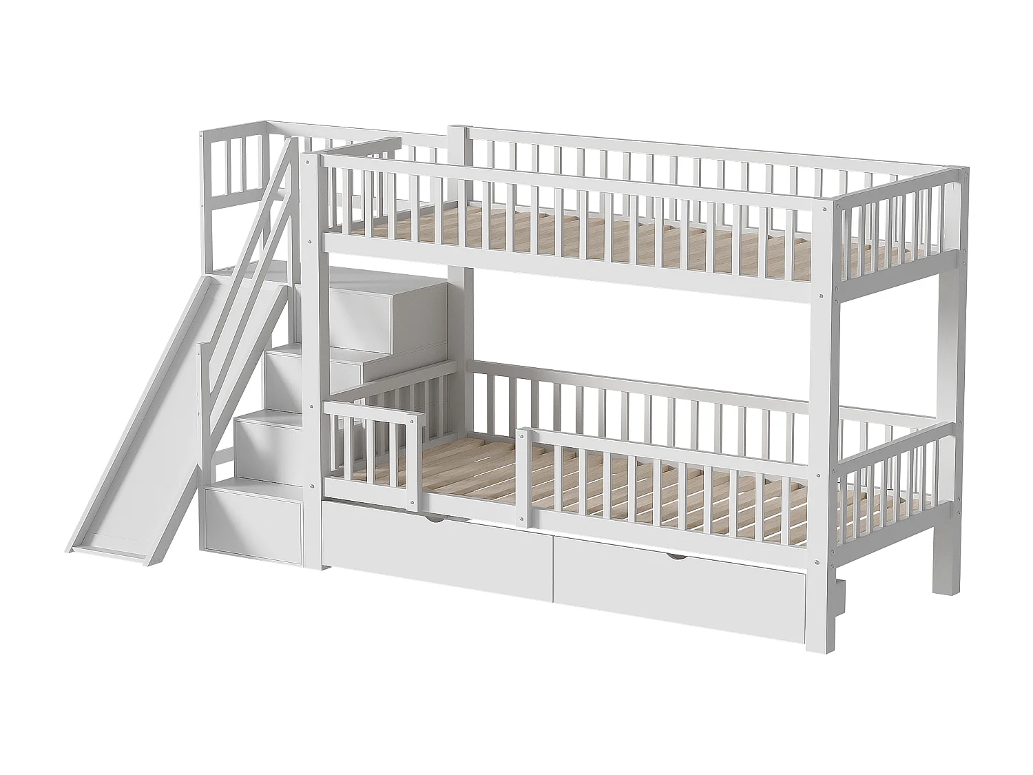 Våningssängar 2 x 90 x 200 cm med 2 lådor och utdrag - massivt trä - vit