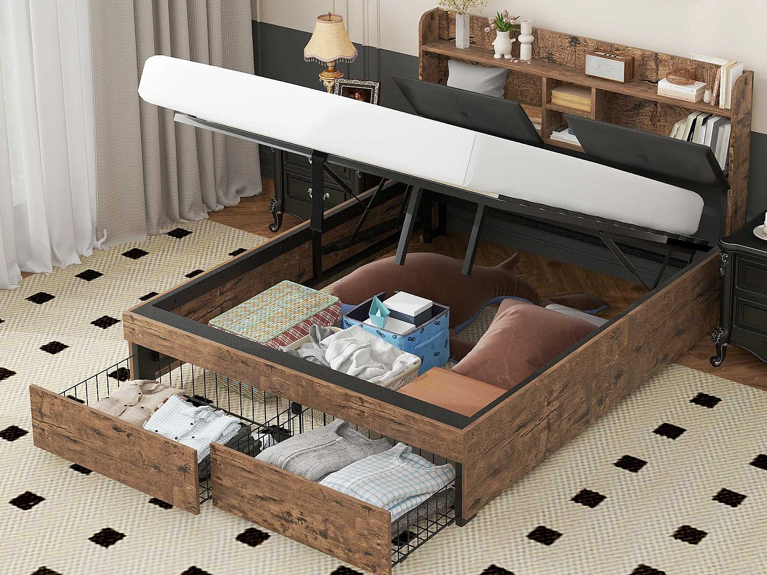 Stauraumbett 140 x 200 cm mit Stauraum-Kopfteil – Holz + Metall – Schwarz + Braun