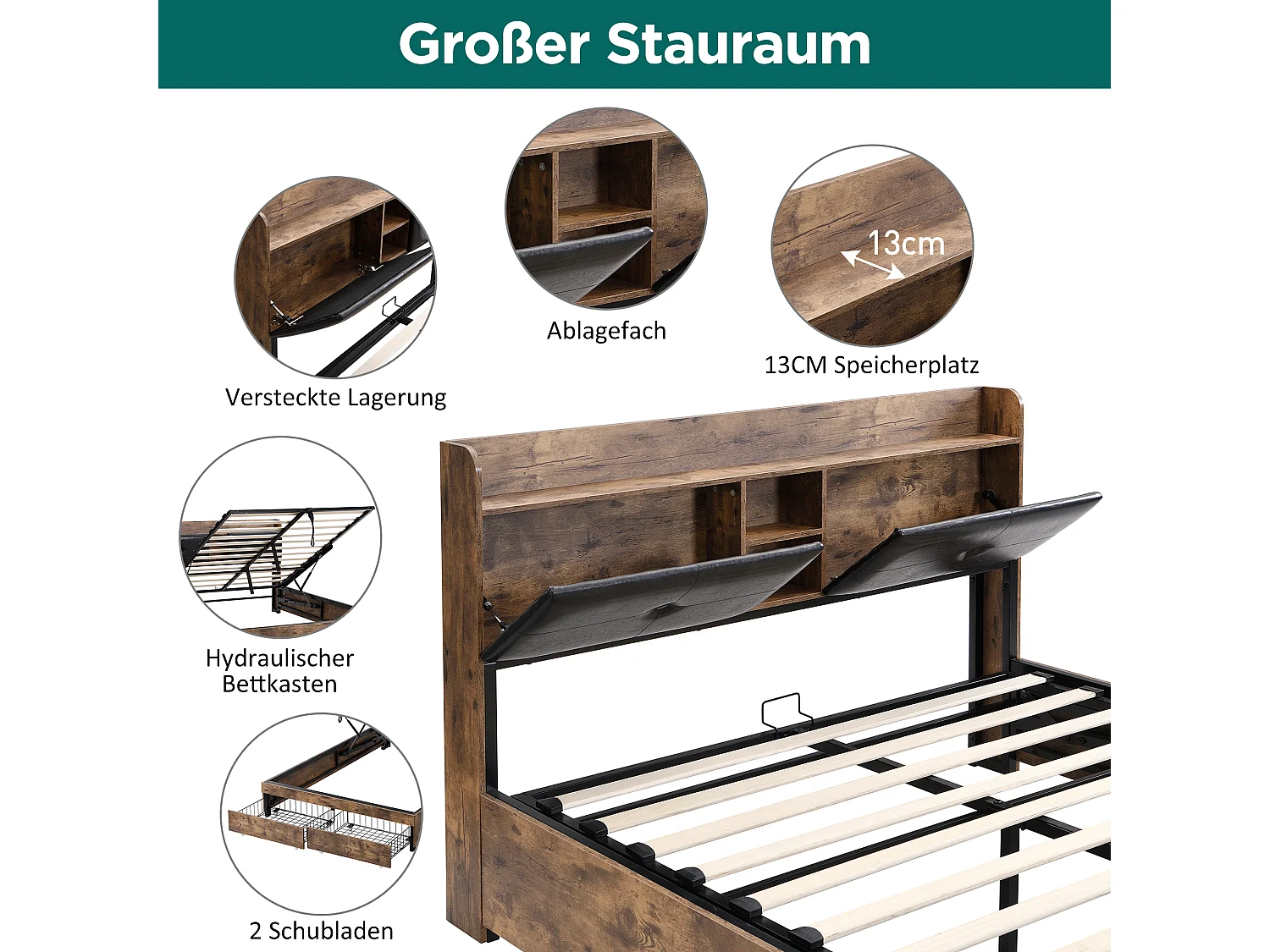 Stauraumbett 140 x 200 cm mit Stauraum-Kopfteil – Holz + Metall – Schwarz + Braun